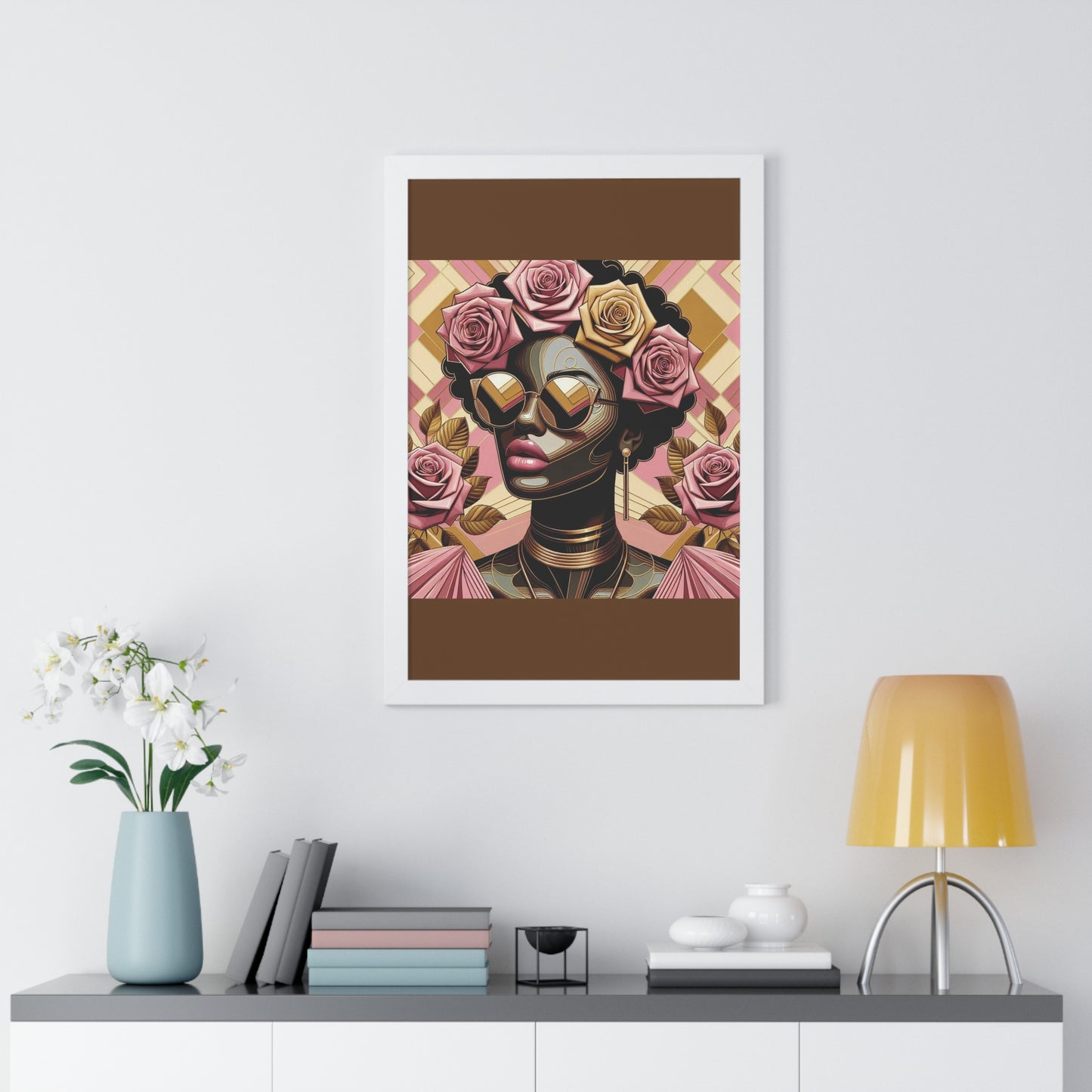 Elegant Framed Vertical Poster of Floral Woman, Home Decor, Wall Art, Gift for Her, Feminine Art Print - Pink Roses Lady