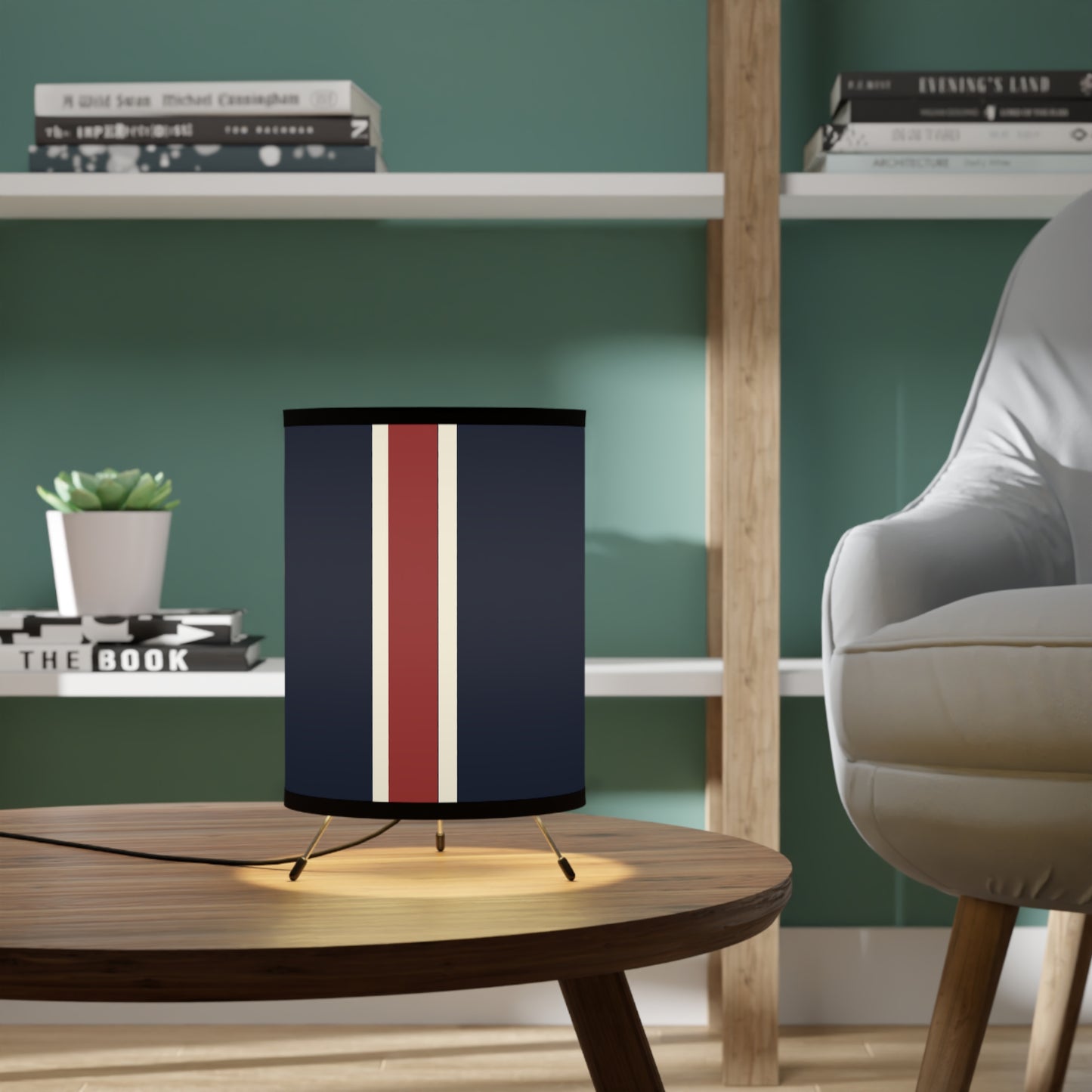 Lunar Midnight & Red-White Striped Stylish Tripod Lamp with High-Res Printed Shade | Modern Home Decor, Unique Lighting, Mid-Century Style