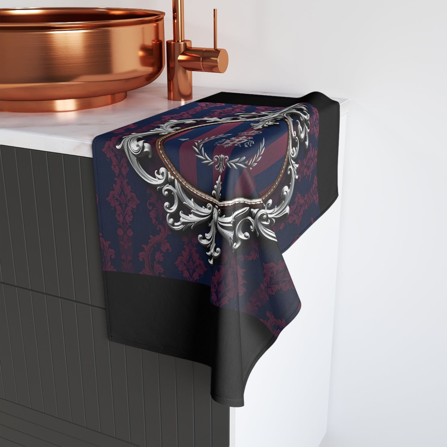 Elegant Baroque Hand Towel, Luxe Bathroom Decor, Unique Gift for Housewarming, Soft Cotton Towel - Blue & Plum Striped Silver Crest