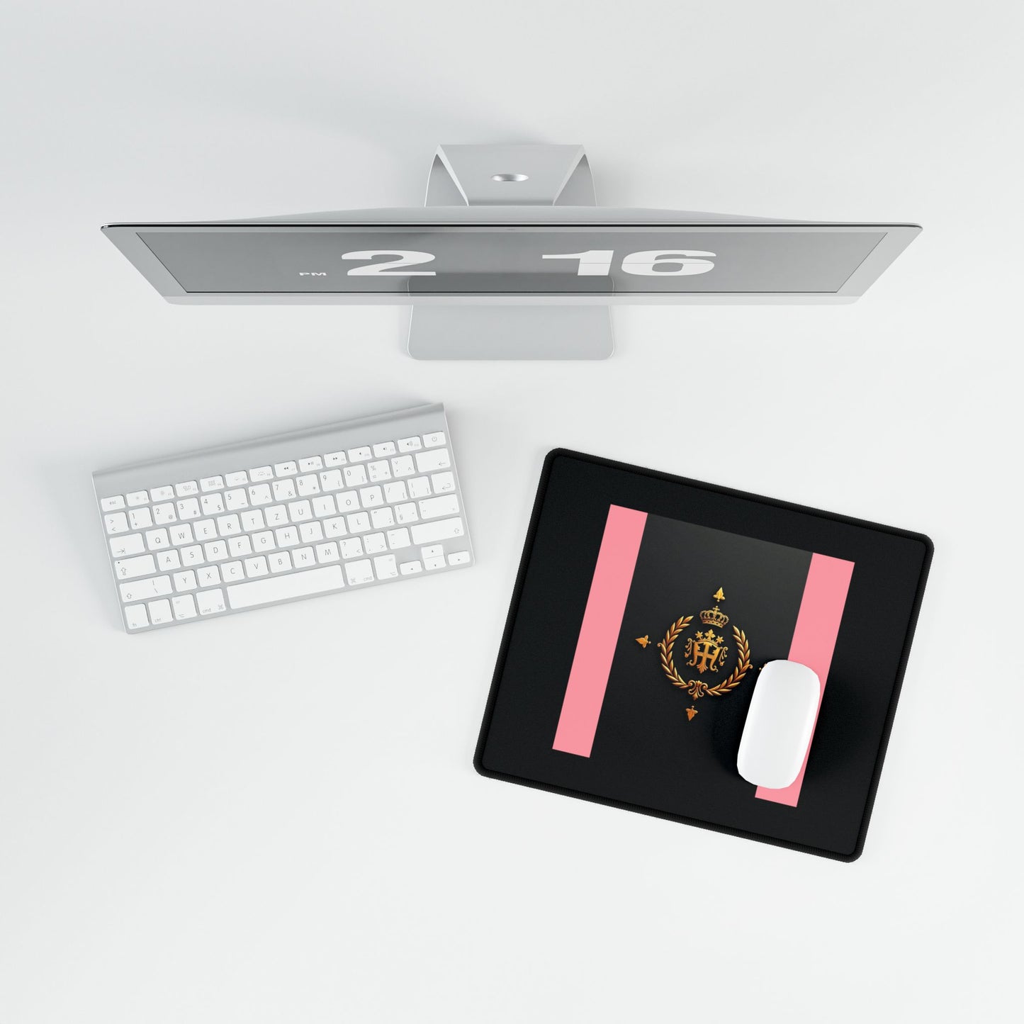 Elegant Desk Mats for Home Office, Stylish Workstation Accessories, Decorative Mouse Pads, Personalized Desk Protectors - Pink Striped Gold Crest