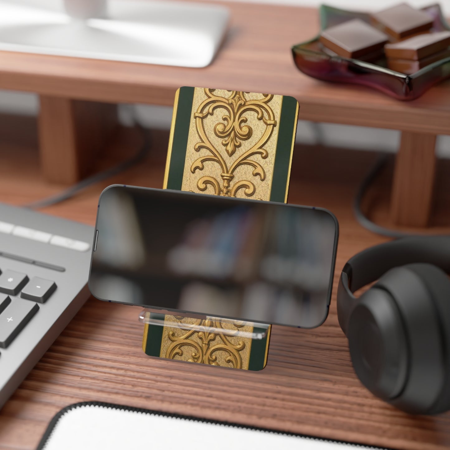 Elegant Teal Striped Gold Baroque Smartphone Display Stand, Decorative Phone Stand, Stylish Desk Organizer, gifts for her, home office decor