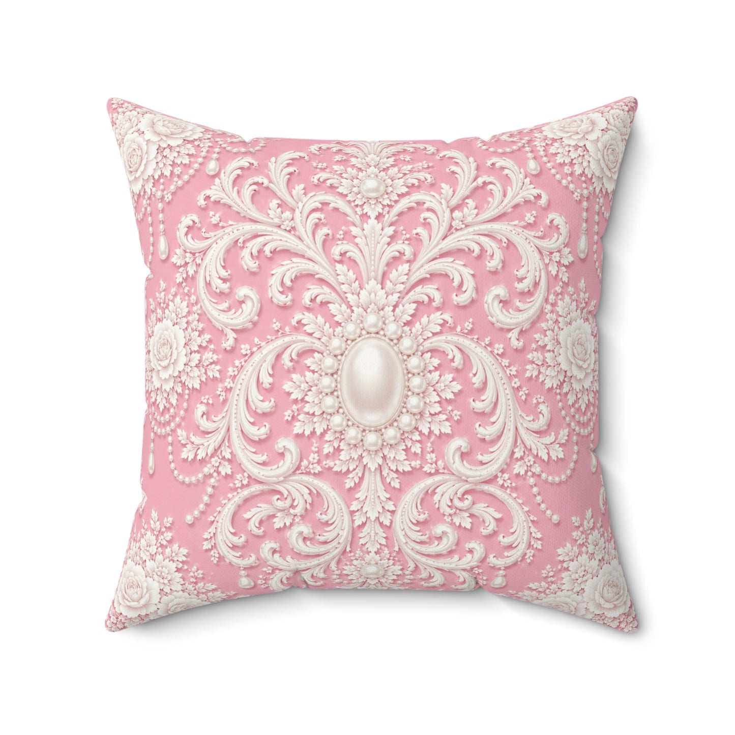 Pink Rococo Faux Suede Pillow — Elegant Rococo Square Throw Cushion