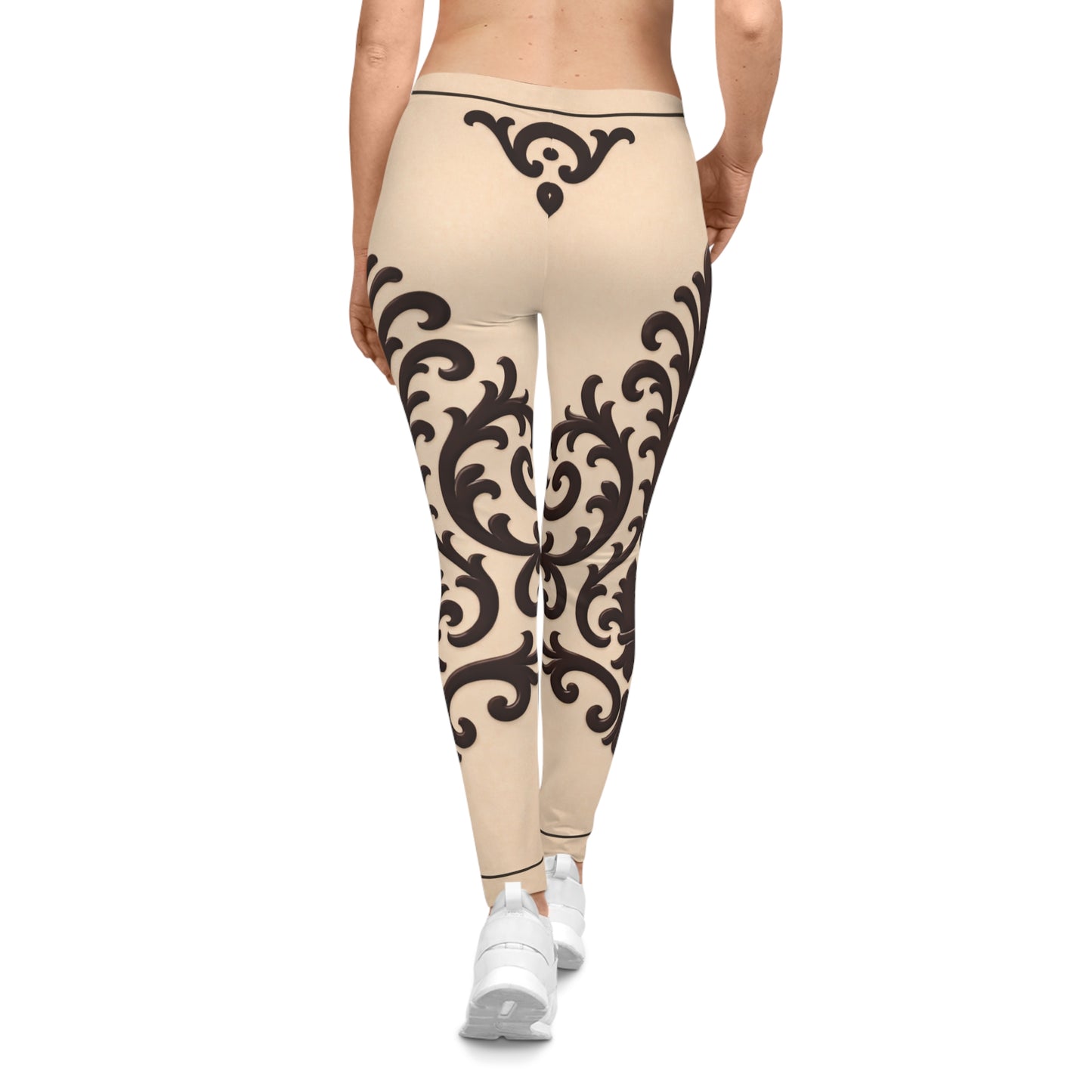 Almond-Beige & Brown Baroque Print Leggings — Vintage Scroll Pattern Women's Leggings