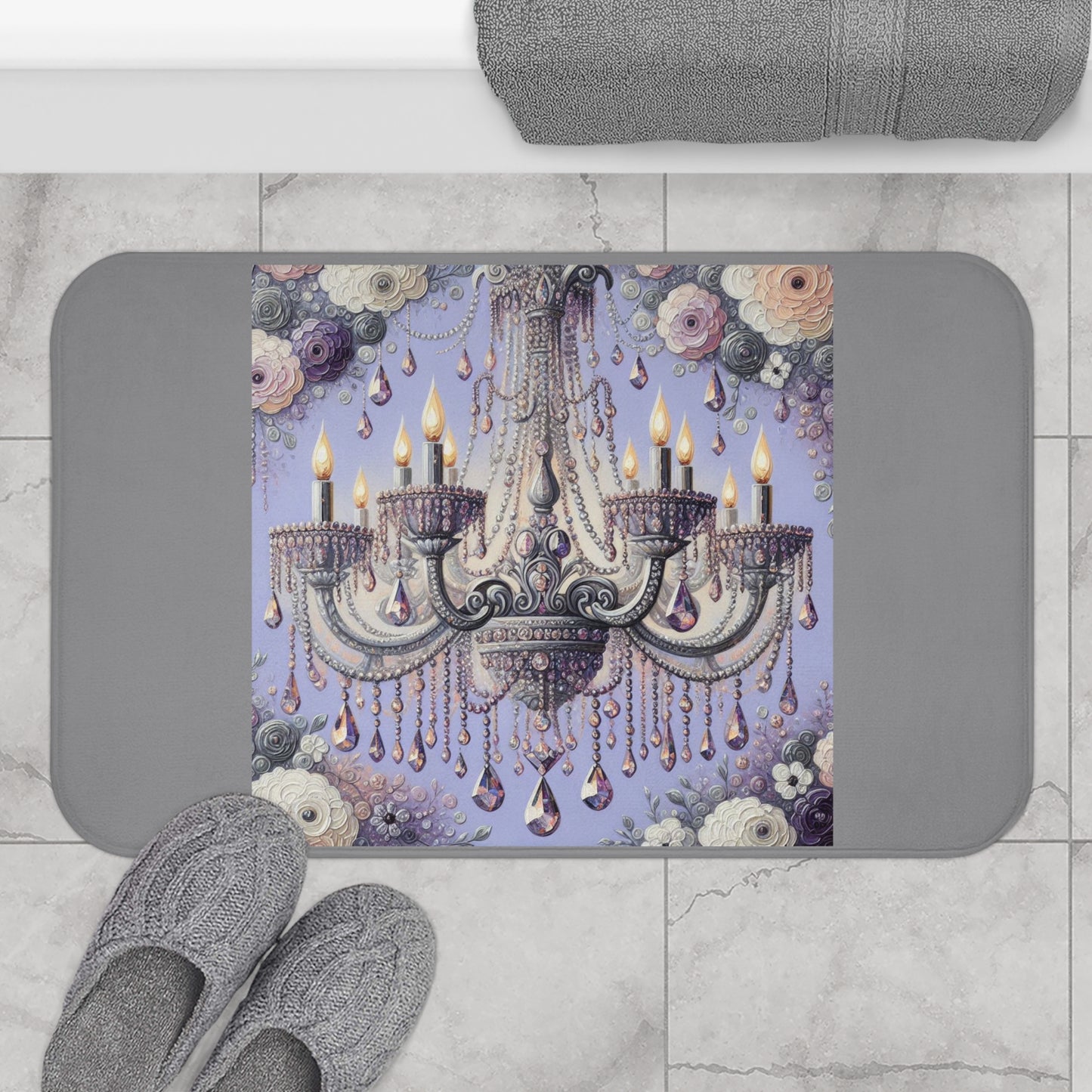 Elegant Floral Chandelier Bath Mat - Luxurious Bathroom Decor, Home Spa Essential, Gift for Her, Wedding, Elegant Home - Lilac Jeweled Chandelier