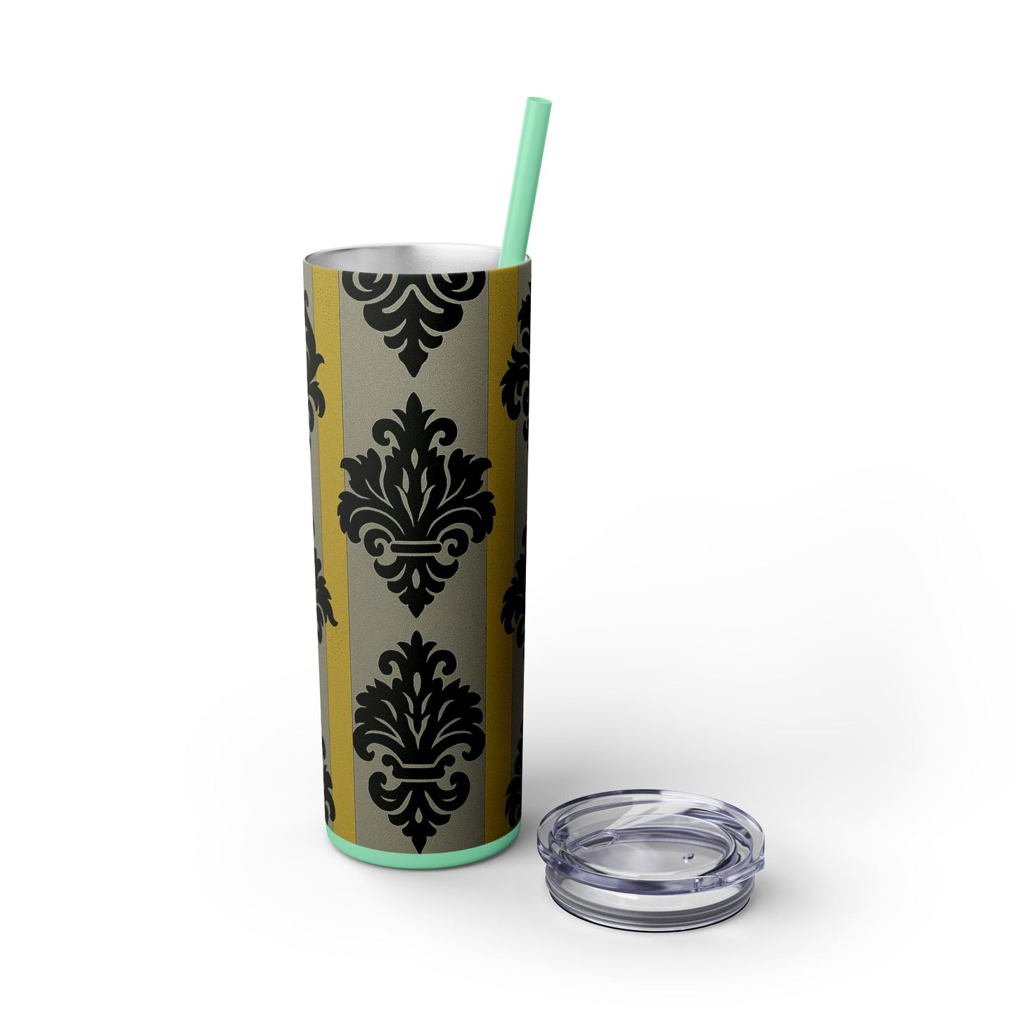 Elegant Baroque Skinny Tumbler, 20oz Travel Mug, Stylish Drinkware for Home or Office, Unique Gift for Her - Silver & Gold Striped Black Baroque