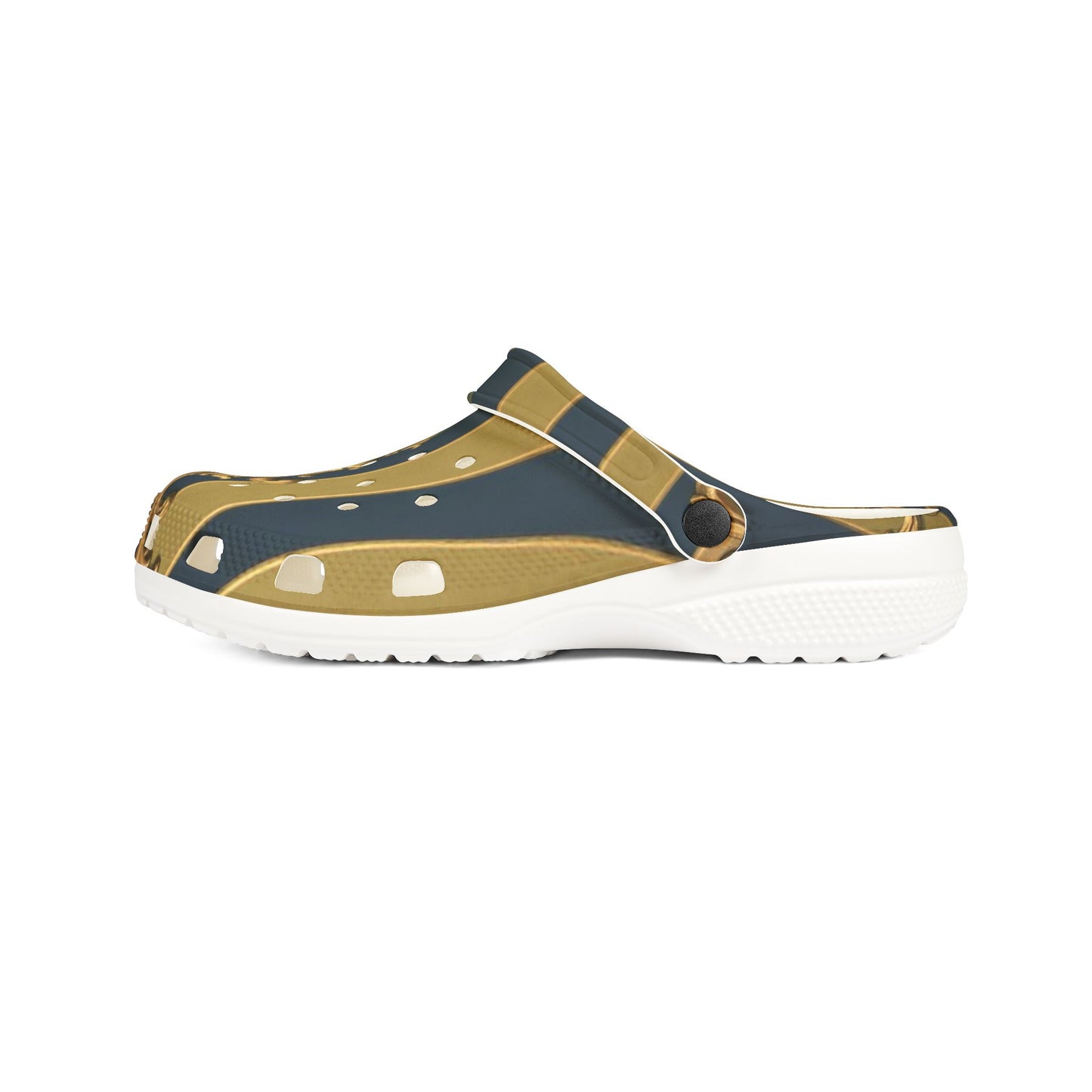 Stylish Midnight Blue & Olive Striped Gold Baroque EVA Foam Clogs - Trendy Slip-On Shoes for Comfort and Fashion, Casual Footwear, Unique Gift
