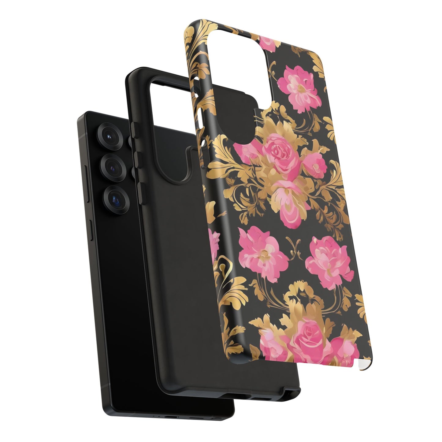 Elegant Floral Motif Phone Case - Tough Cases with Vintage Design - Pink & Gold Roses
