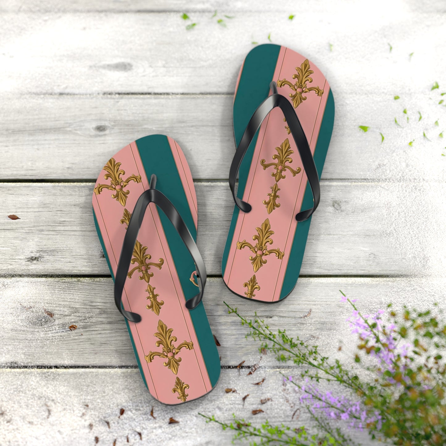 Chic Floral Flip Flops, Summer Sandals, Beach Footwear, Vacation Slides, Stylish Summer Accessories - Pink & Teal Striped Gold Baroque