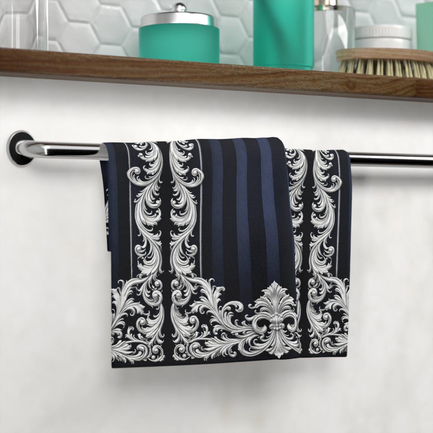 Navy Stripes & Baroque Face Towel — Elegant Navy & Silver Decorative Washcloth