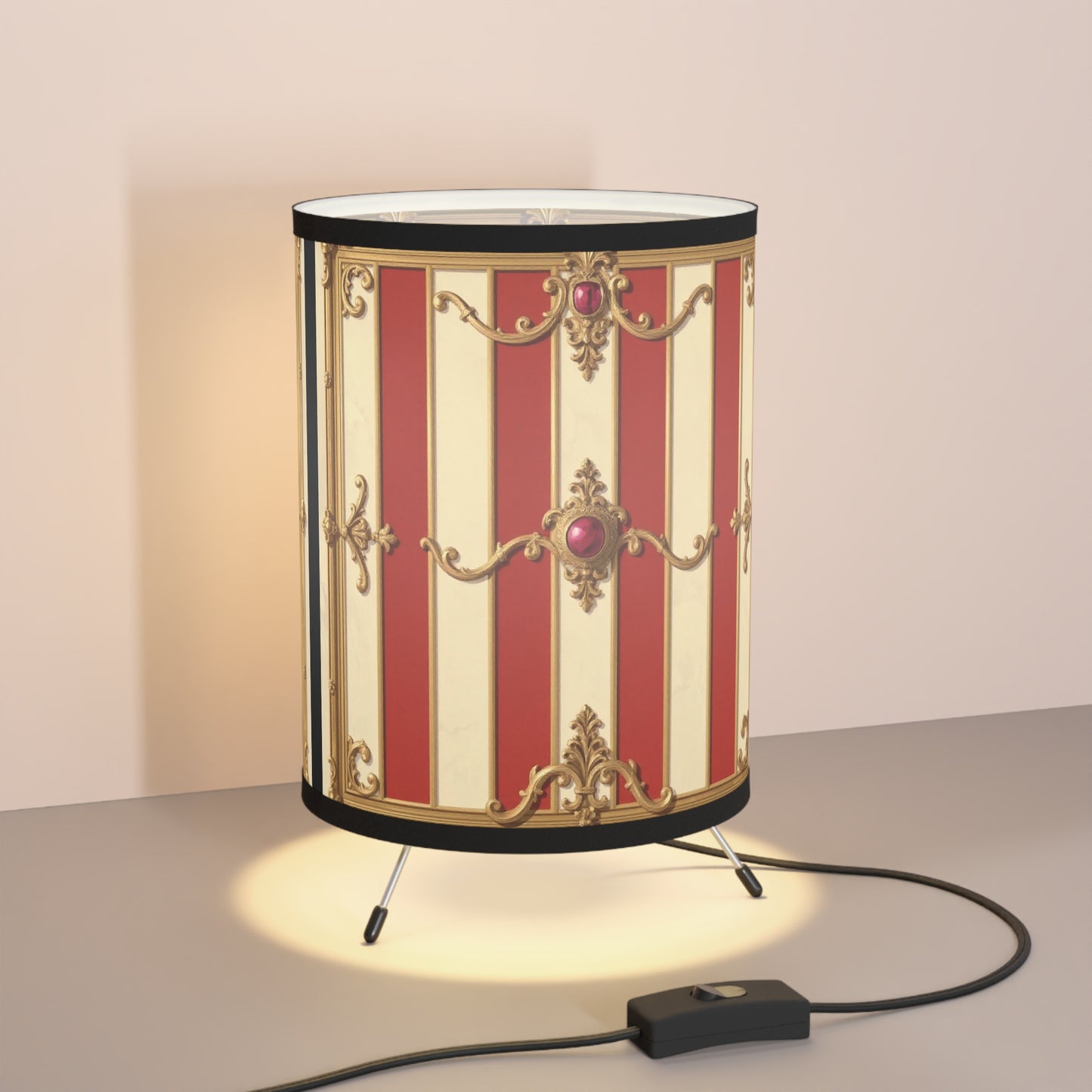 Vintage-Inspired Tripod Lamp with Elegant High-Res Print Shade - Alabaster & Dusk Orange Striped Baroque
