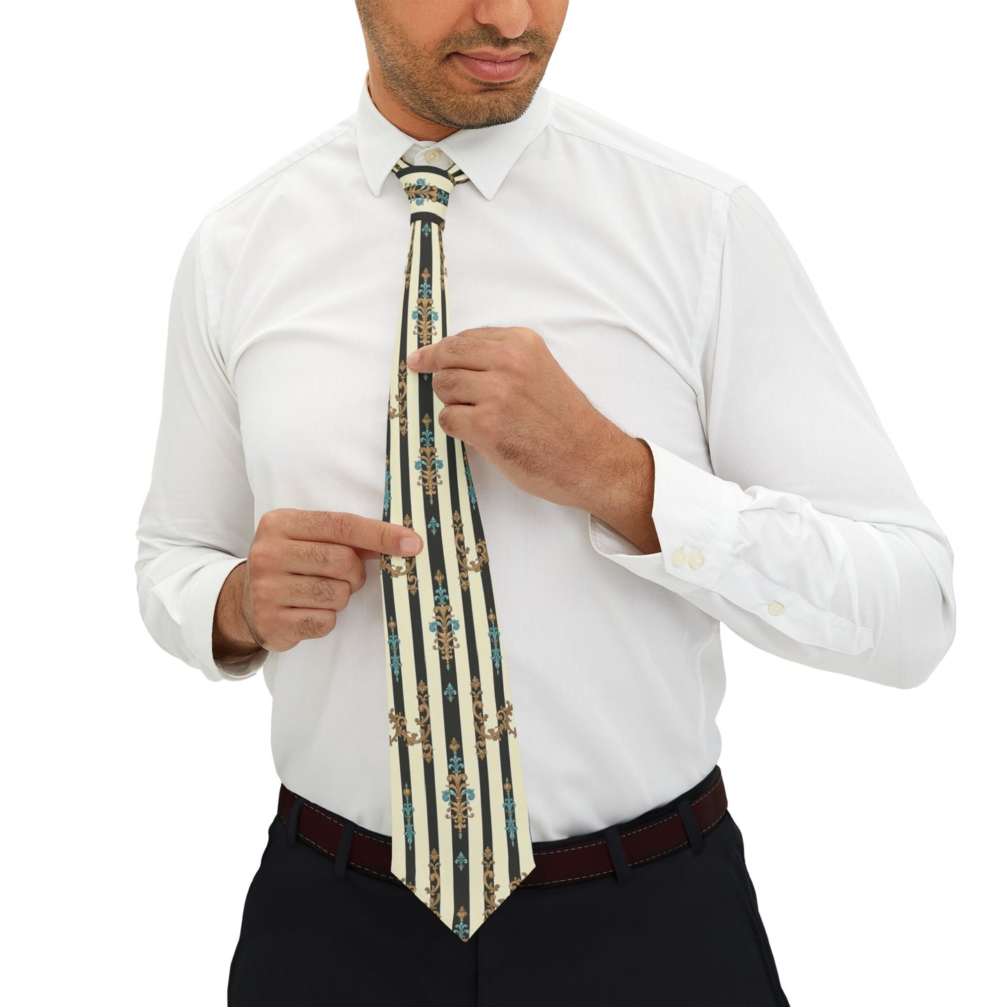 Stylish Necktie with Floral Stripes, Elegant Tie for Weddings, Business Meetings, Father's Day Gif - Black Striped Turquoise & Black Rococo