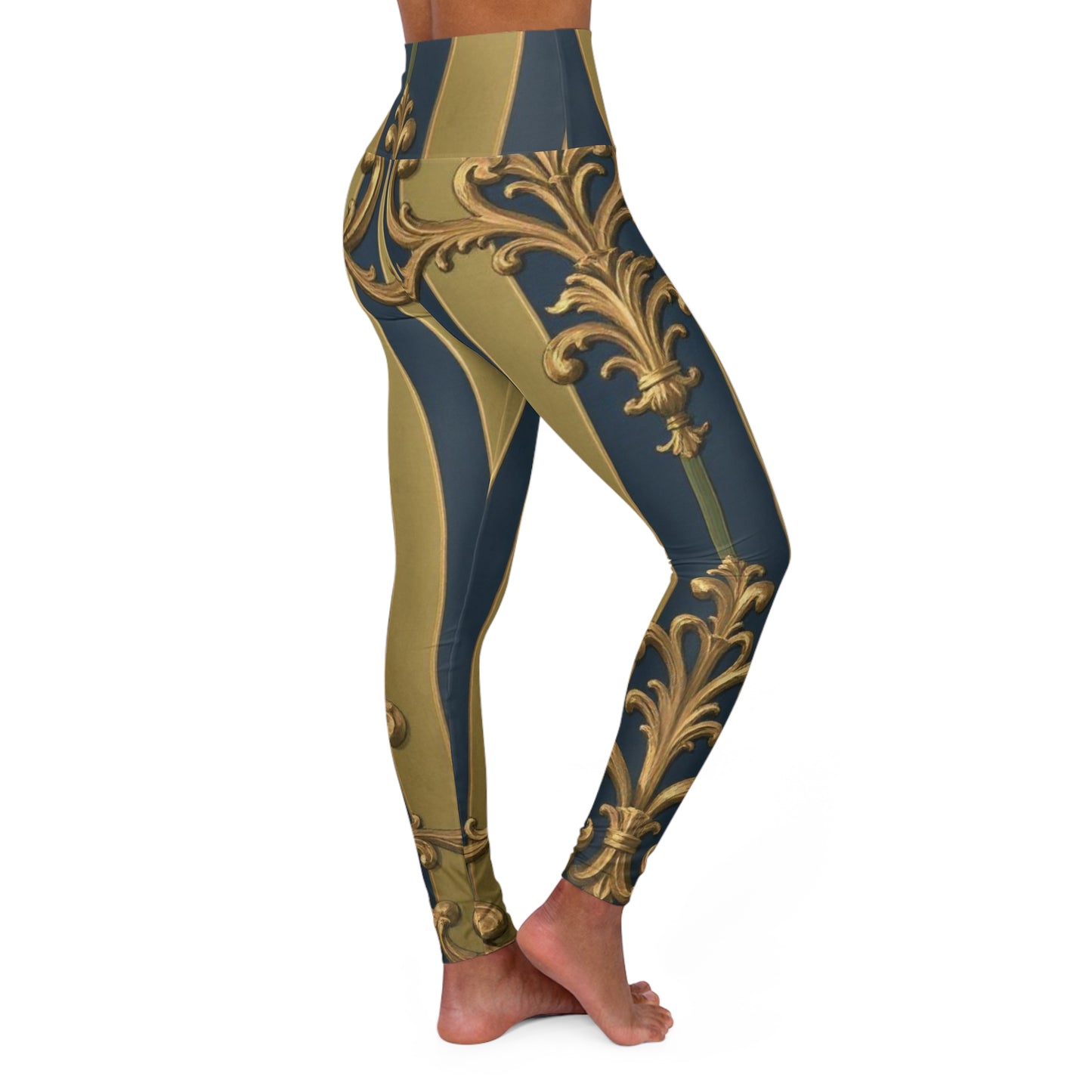 Elevated Midnight Blue & Olive Striped Gold Baroque Glamour High Waisted Yoga Leggings, Chic Activewear, Trendy Fitness Leggings