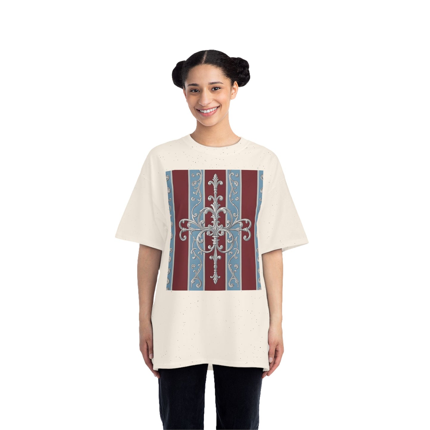 Elegant Vintage-Inspired Short-Sleeve T-Shirt, Classic Graphic Tee, Retro Style Shirt, Unisex, Casual Wear - Ice Blue & Burgundy Striped Baroque
