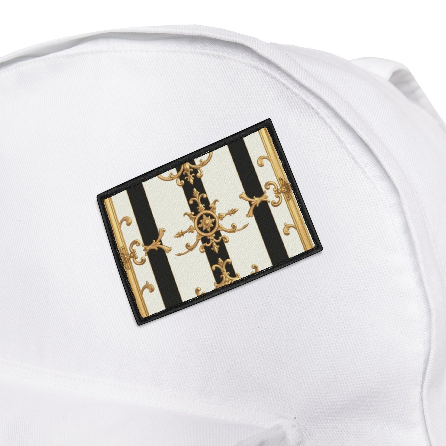 Elegant Iron-On Patches for Jackets, Bags & DIY Crafts, Fashionable Custom Patches, Vintage Style - Black & White Striped Gold Baroque