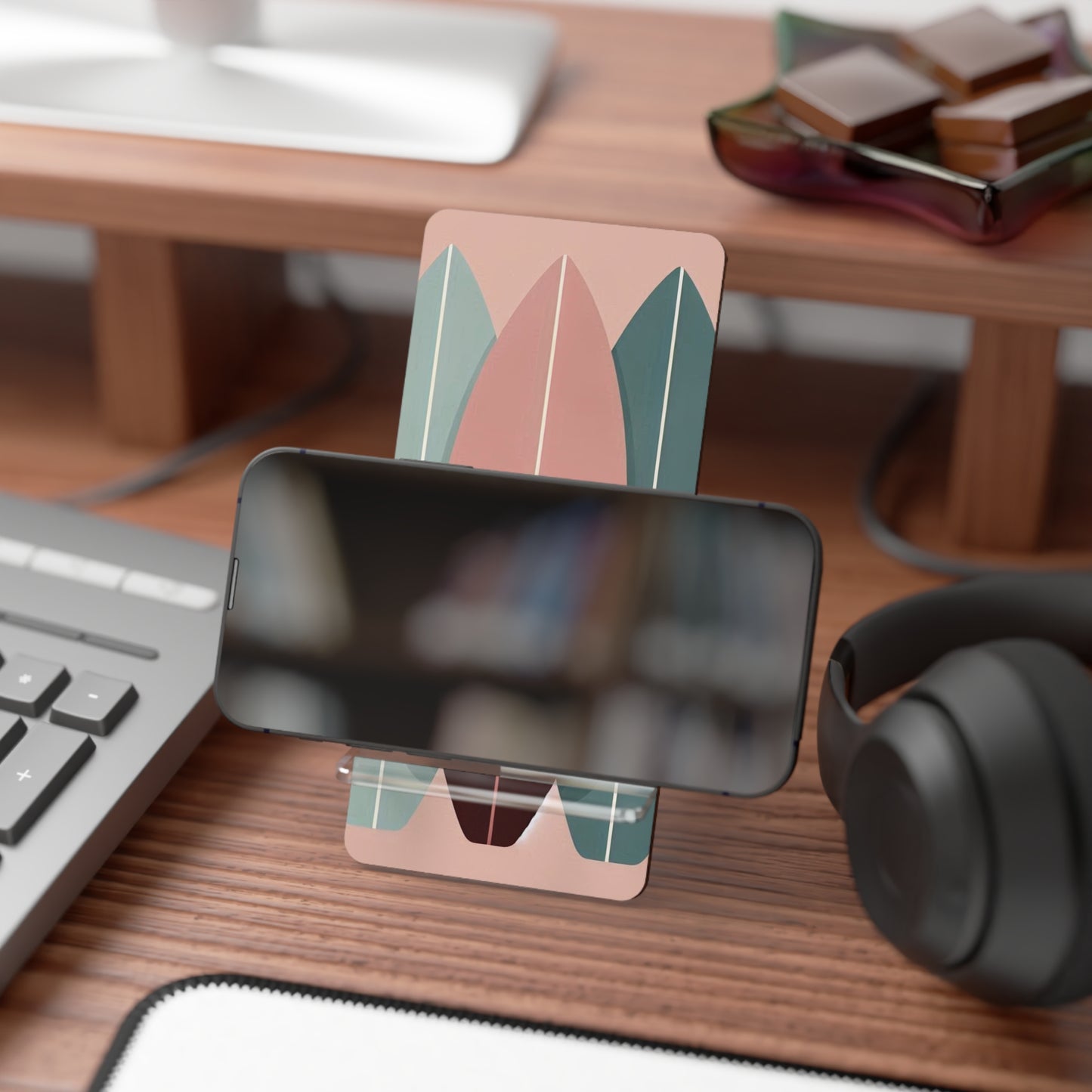 Elegant Floral Smartphone Display Stand - Burgundy, Matte Mauve & Teal Surfboard & Roses - Decorative Mobile Holder