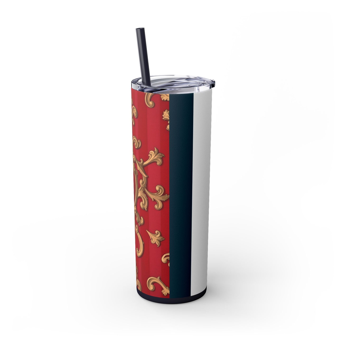 Elegant Red Ornate Skinny Tumbler, Stylish Travel Mug with Straw, Perfect for Gifts, Home Office - Blue, Red & White Striped Baroque