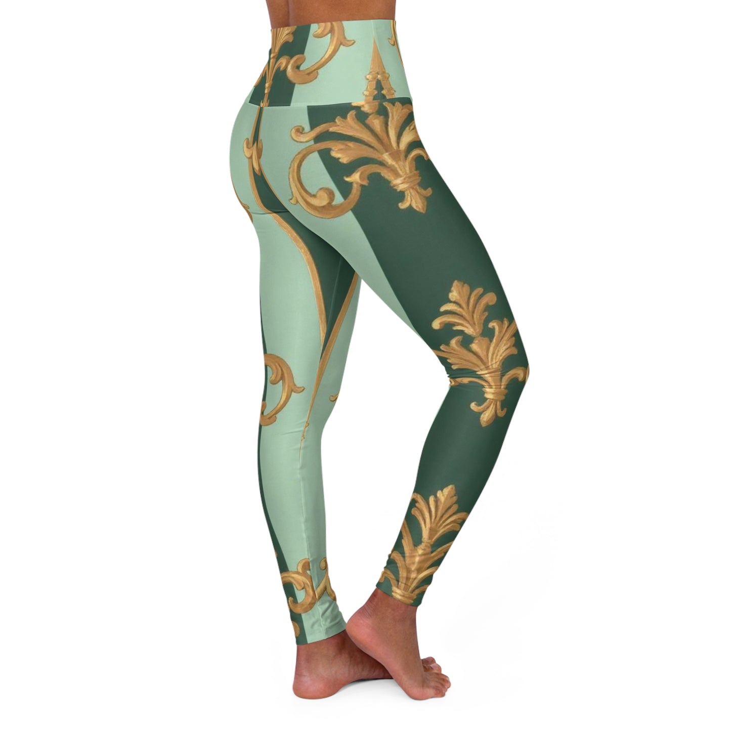 Chic High Waisted Yoga Leggings - Elegant Green Pattern, Workout, Athleisure, Fitness Fashion - Mint Green & Teal Striped Gold Baroque