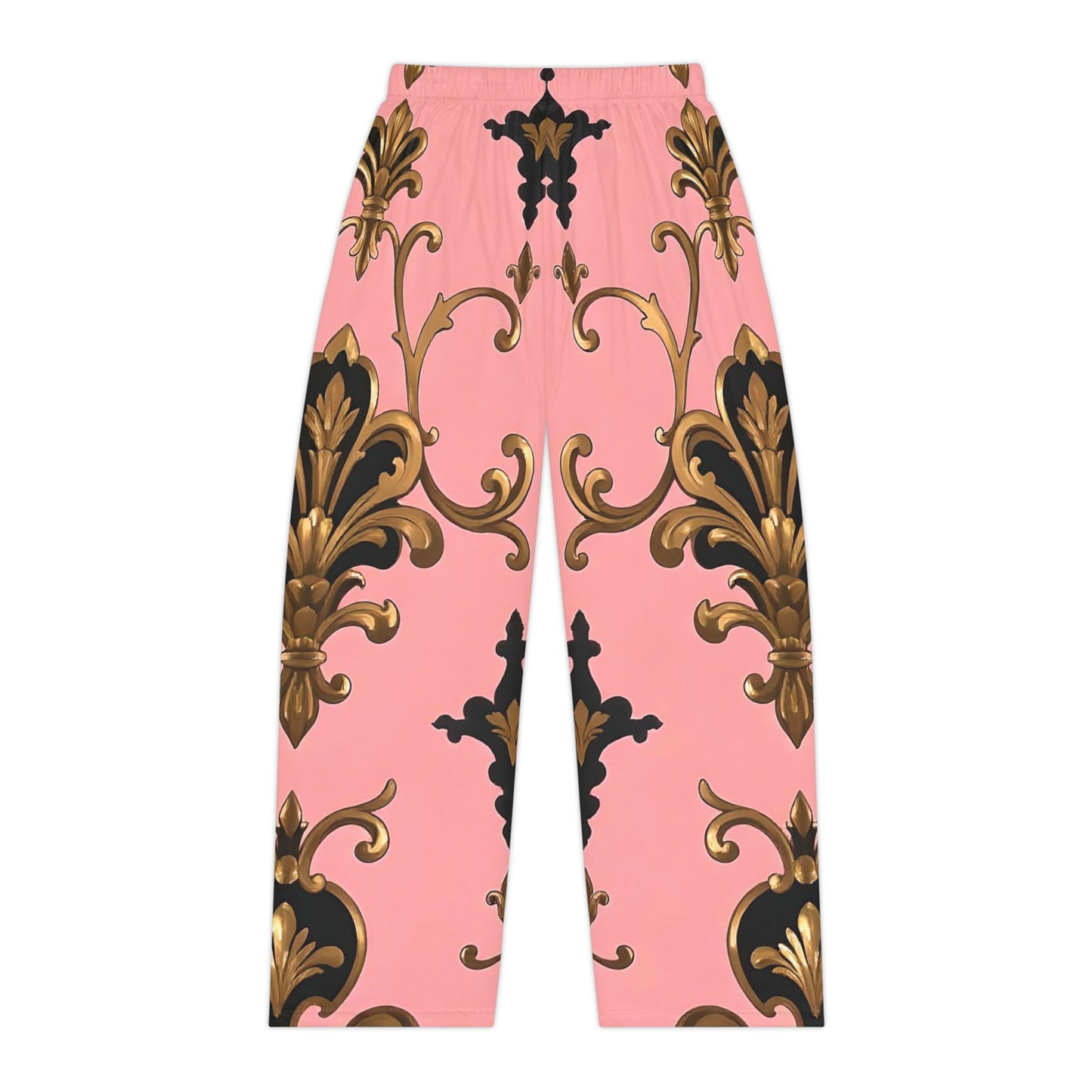 Chic Women's Pajama Pants - Luxurious Floral Print, Loungewear, Sleepwear, Gift for Her - Pink, Black & Gold Rococo