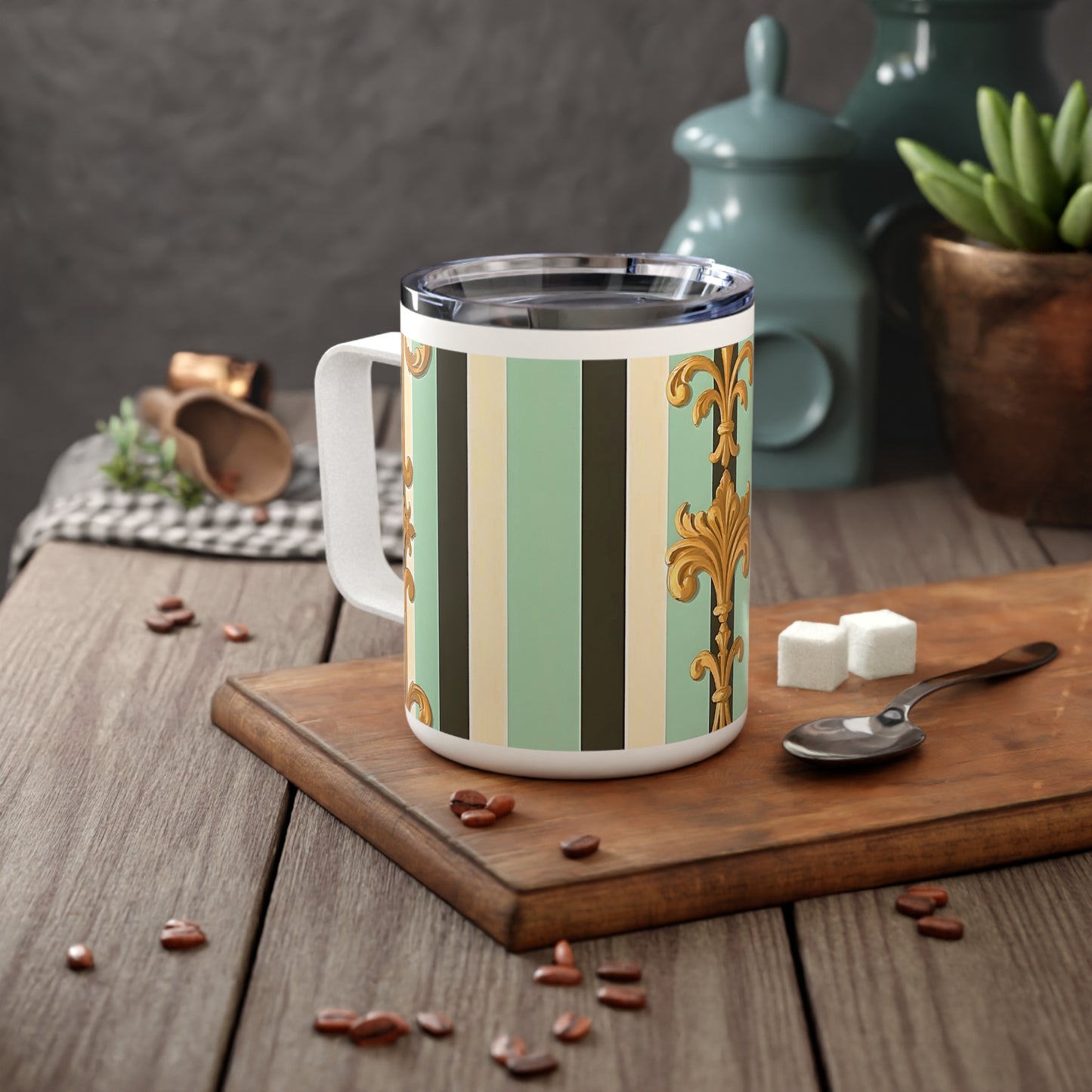 Elegant Insulated Coffee Mug, 10oz - Stylish Hot Beverage Container for Home, Office, Gifts, Parties, or Weddings - Black & Matte Mint Striped Rococo
