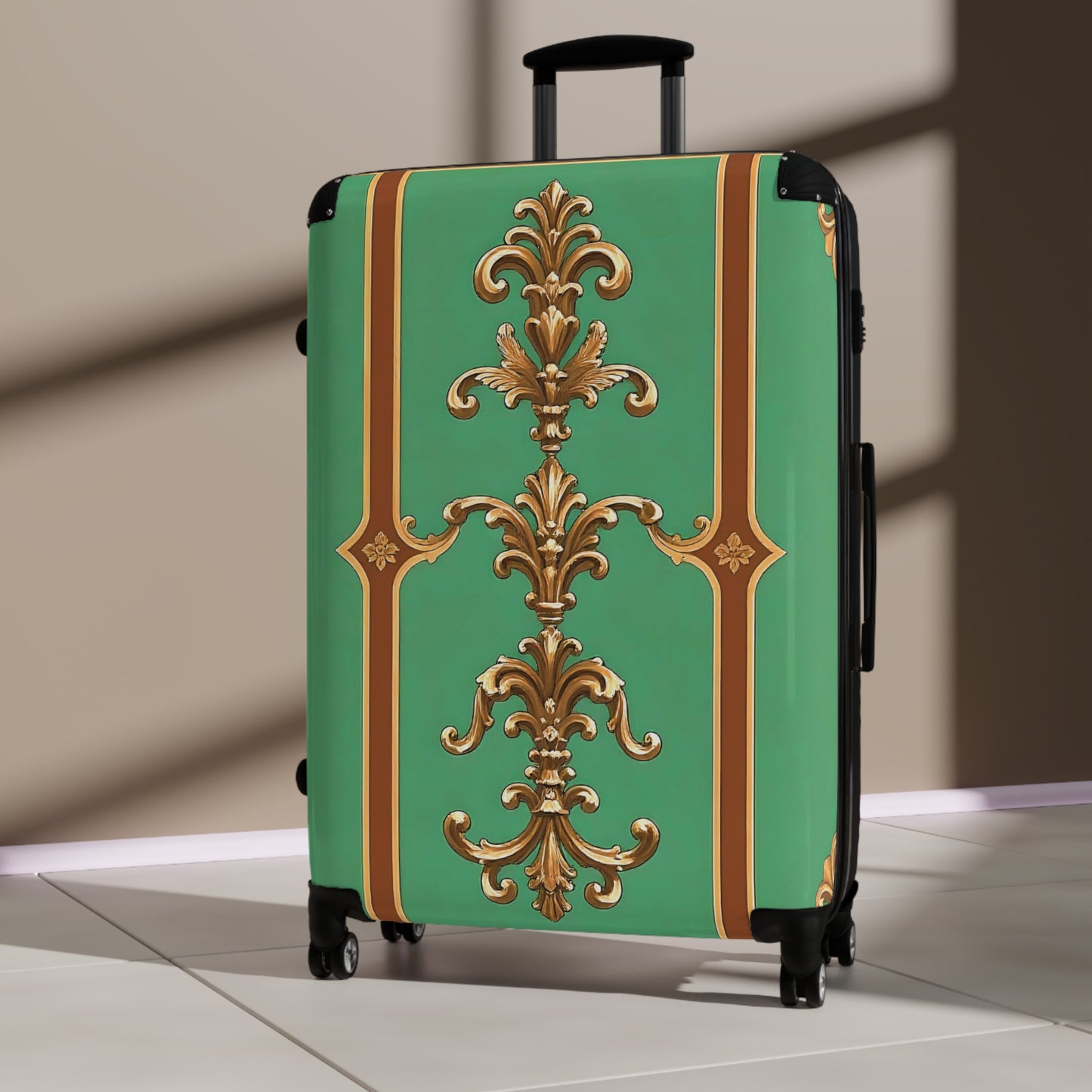 Luxury Ornate Design Suitcase - Travel in Style - Rust & Green Striped Baroque