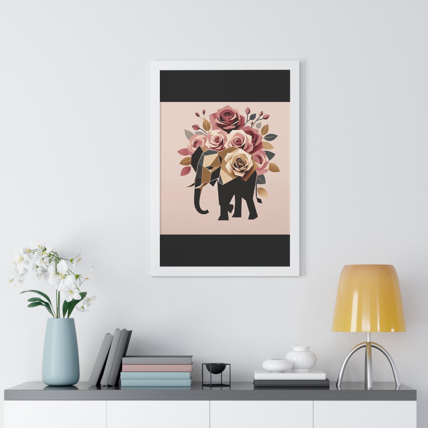 Vertical Poster - Black & Gold Elephant & Roses Wall Art