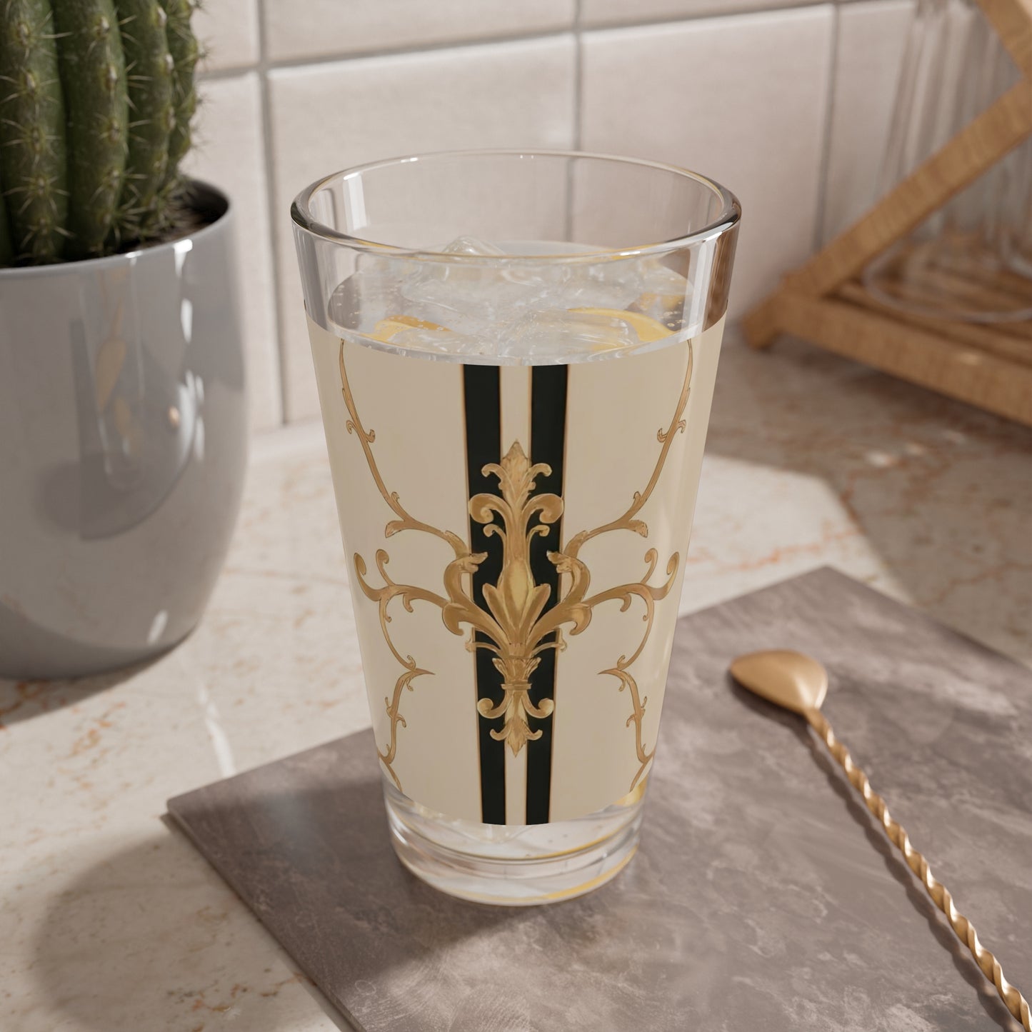 Elegant Mixing Glass - 16oz Cocktail Glass, Vintage Style Drinkware, Perfect for Home Bars, Gifts - Black & Beige Striped Damask