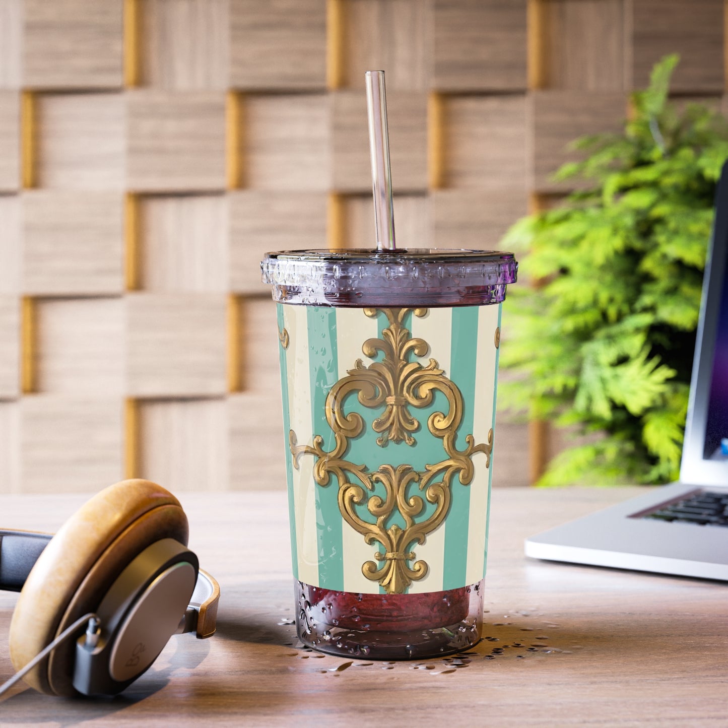 Chic Acrylic Travel Cup - Elegant Drinkware for Coffee Lovers, Wedding Gifts, Party Favors, Office Essentials - Matte Green Striped Rococo
