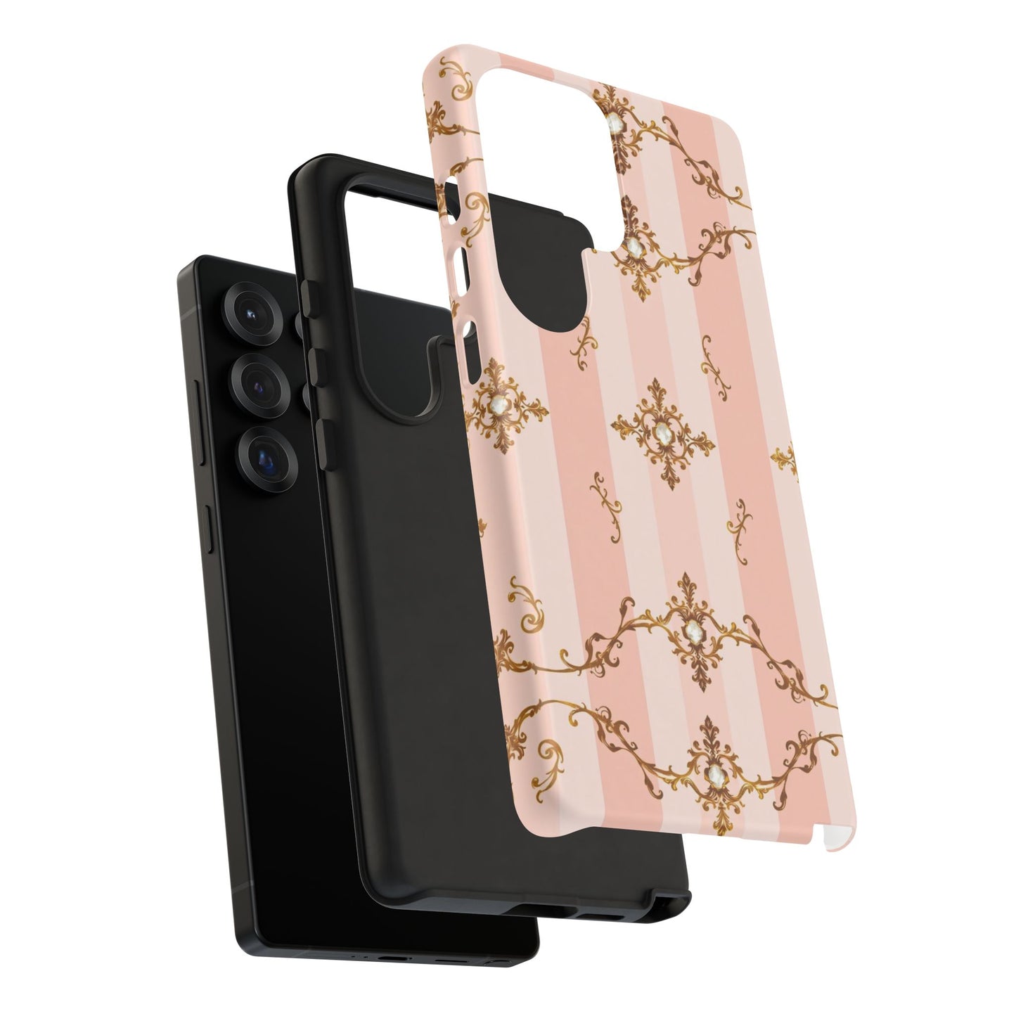 Elegant Floral Phone Case, Tough Cases for Women, Trendy Phone Cover, Chic Gift - Pink Jeweled Striped Gold Baroque