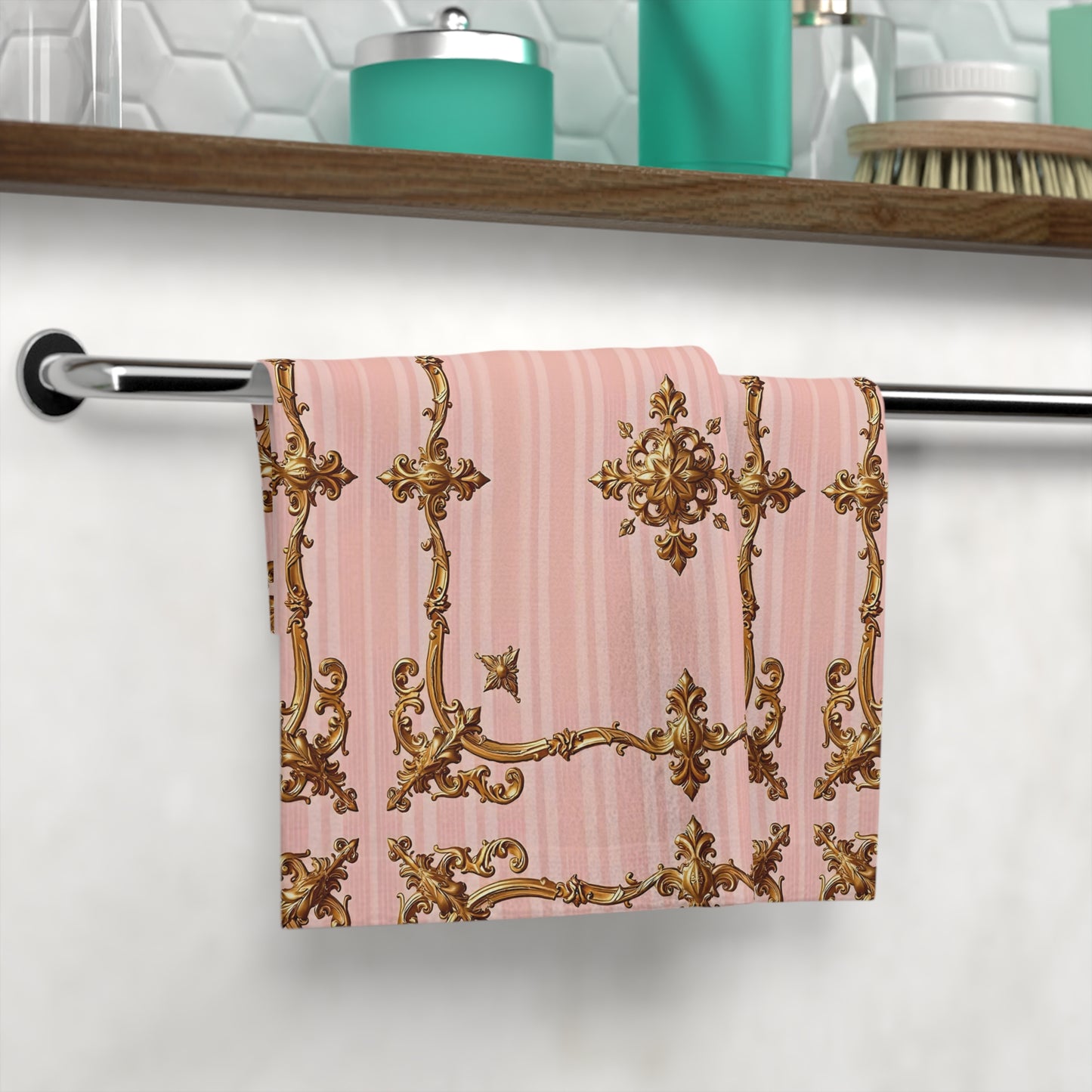 Elegant Vintage Pink Face Towel with Gold Baroque Design