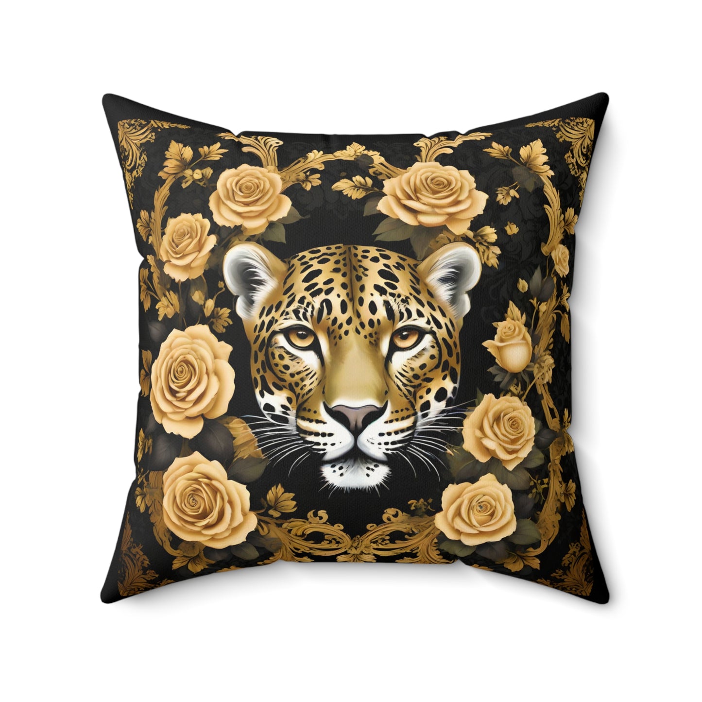 Luxury Leopard Print Faux Suede Square Pillow with Gold Roses | Elegant Home Decor - Gold Leopard