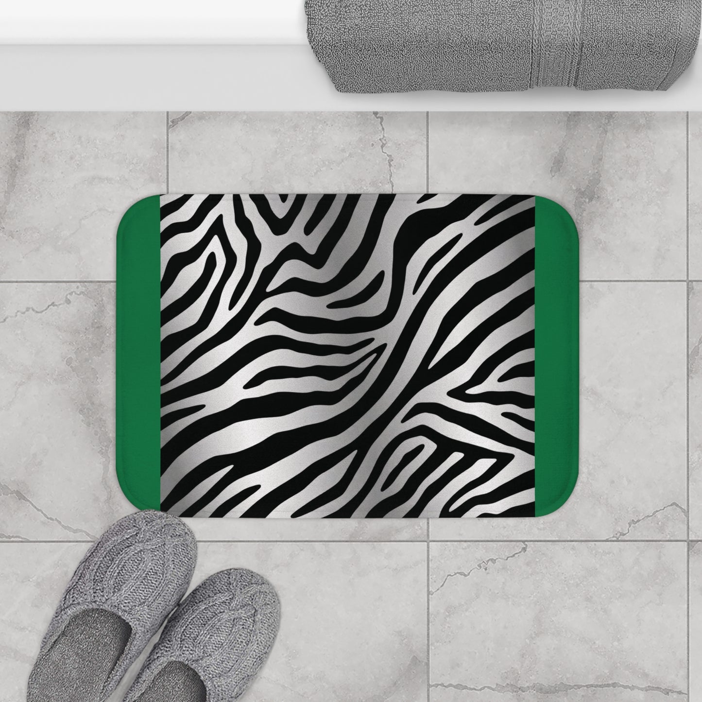 Stylish Zebra Print Bath Mat - Modern Bathroom Decor - Green Trim