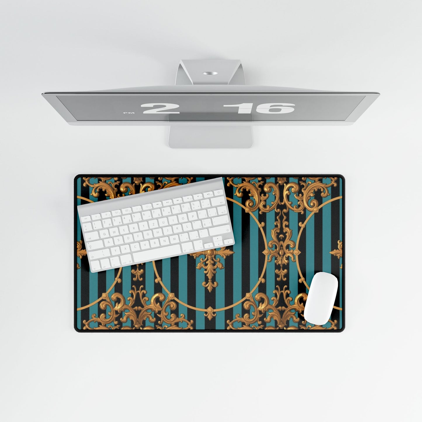 Elegant Turquoise & Black Striped Gold Baroque Desk Mats for Home Office, Stylish Mouse Pads, Luxe Desk Decor, Gifts for Professionals