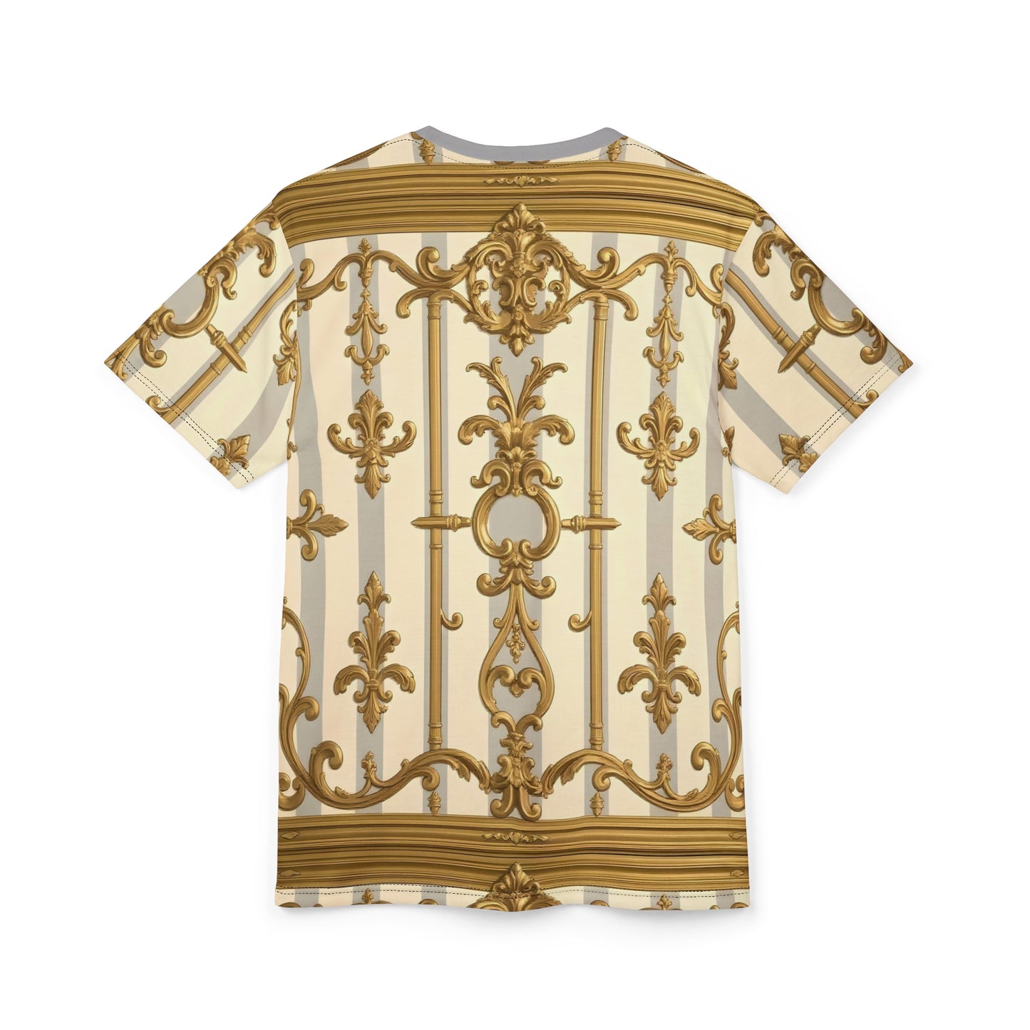 Elegant Gold Patterned Unisex Tee | Fashionable Summer Style, Trendy Gift, Unique Festival Wear - Matte Gray & Cream Striped Gold Baroque