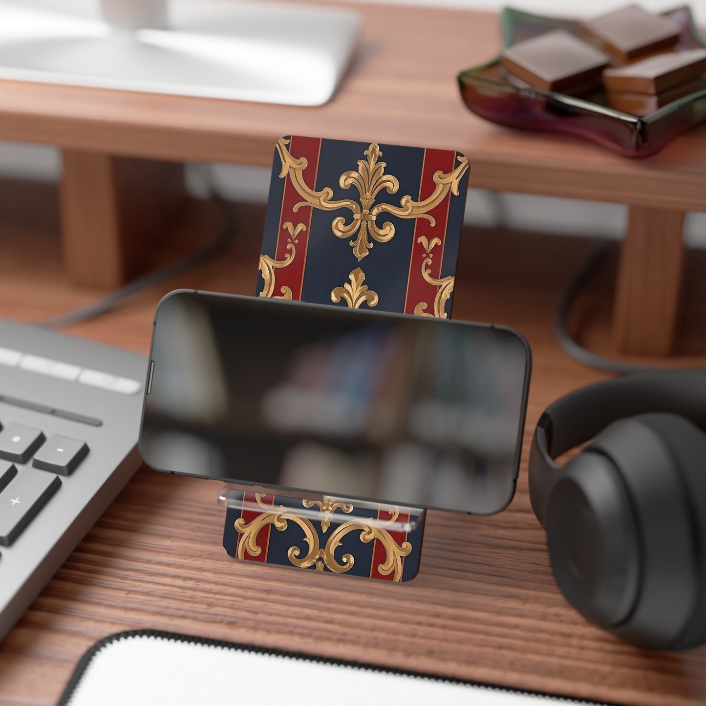 Elegant Floral Motif Smartphone Display Stand - Midnight Blue & Dusk Red Striped Gold Damask - Decorative Mobile Holder
