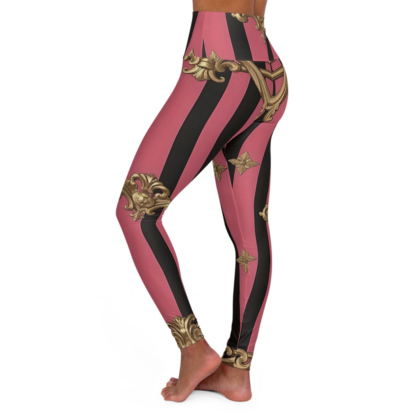 Chic High Waisted Yoga Leggings, Trendy Fitness Leggings, Stylish Workout Gear, Athleisure Wear, Gifts for Yoga Lovers - Pink Striped Gold Rococo