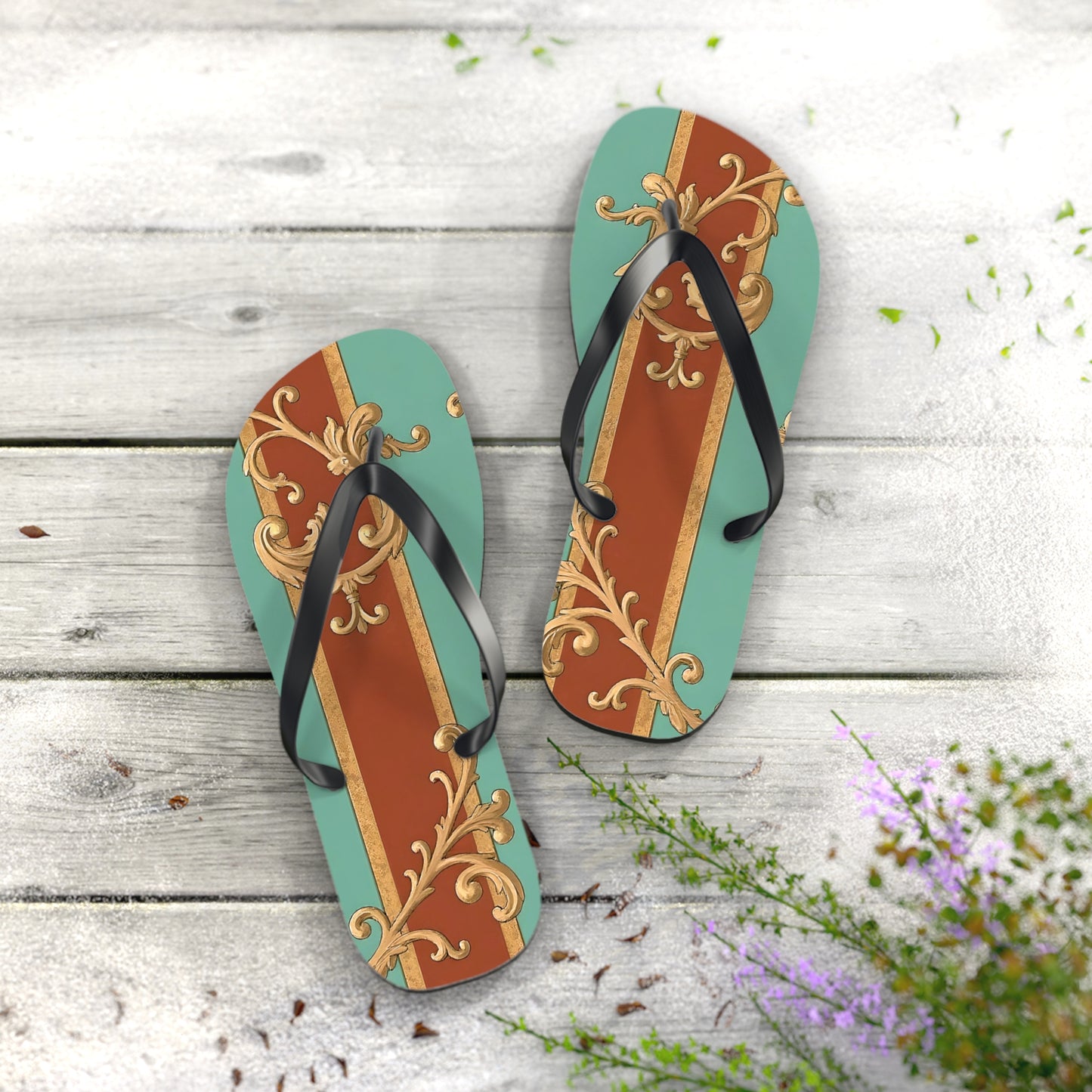Elegant Vintage Flip Flops with Ornate Design - Perfect for Summer & Beach Getaways - Rust & Mint Aqua Striped Baroque