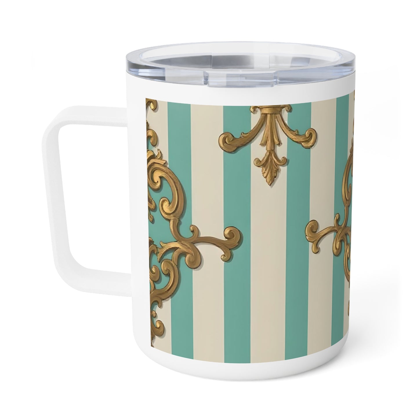 Chic Insulated Coffee Mug | Elegant Patterned Travel Cup, Tea Mug, Vintage Style Drinkware, Housewarming Gift - Matte Green Striped Rococo