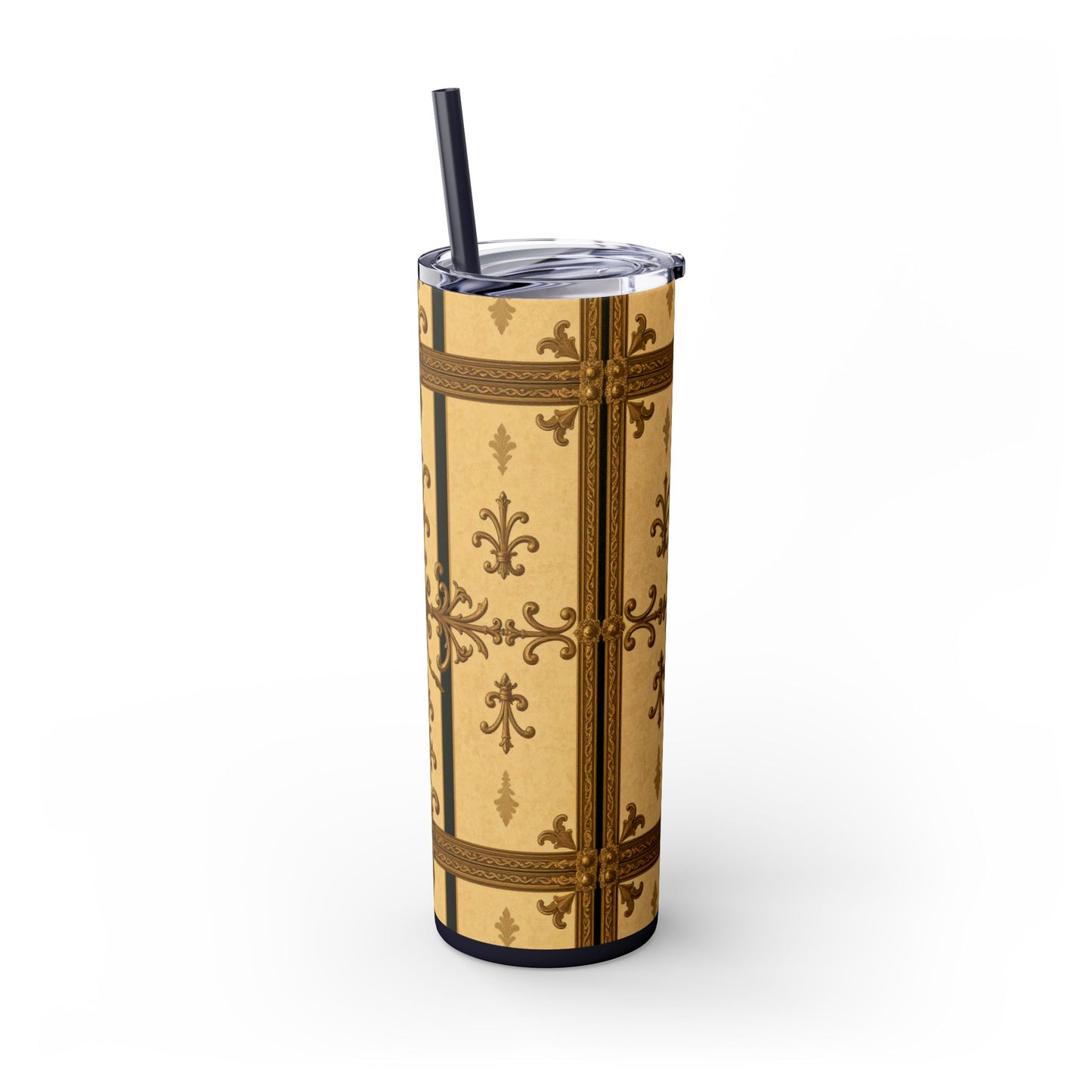 Elegant Vintage Skinny Tumbler, 20oz Insulated Drink Cup, Perfect for Home, Office, Gifts, Holidays, Travel - Matte Yellow Striped Antique Rococo