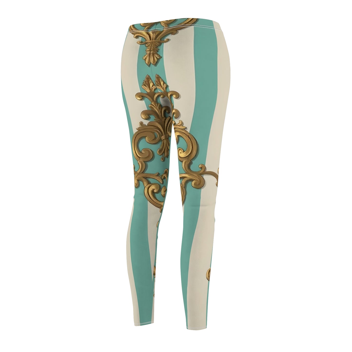 Elegant Boho Style Women's Leggings, Casual Activewear, Artful Printed Yoga Pants - Matte Green Striped Rococo