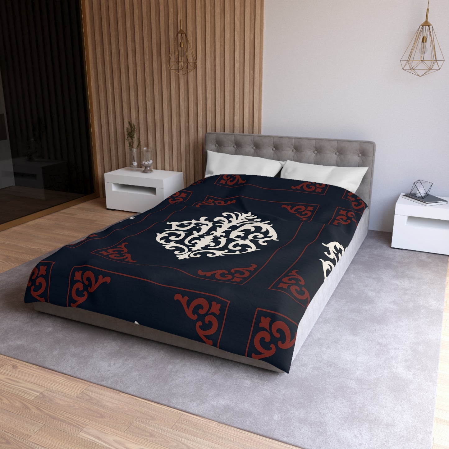 Dusk Blue-Maroon & White Baroque Microfiber Duvet Cover — Dusk Blue & White Decorative Bedding