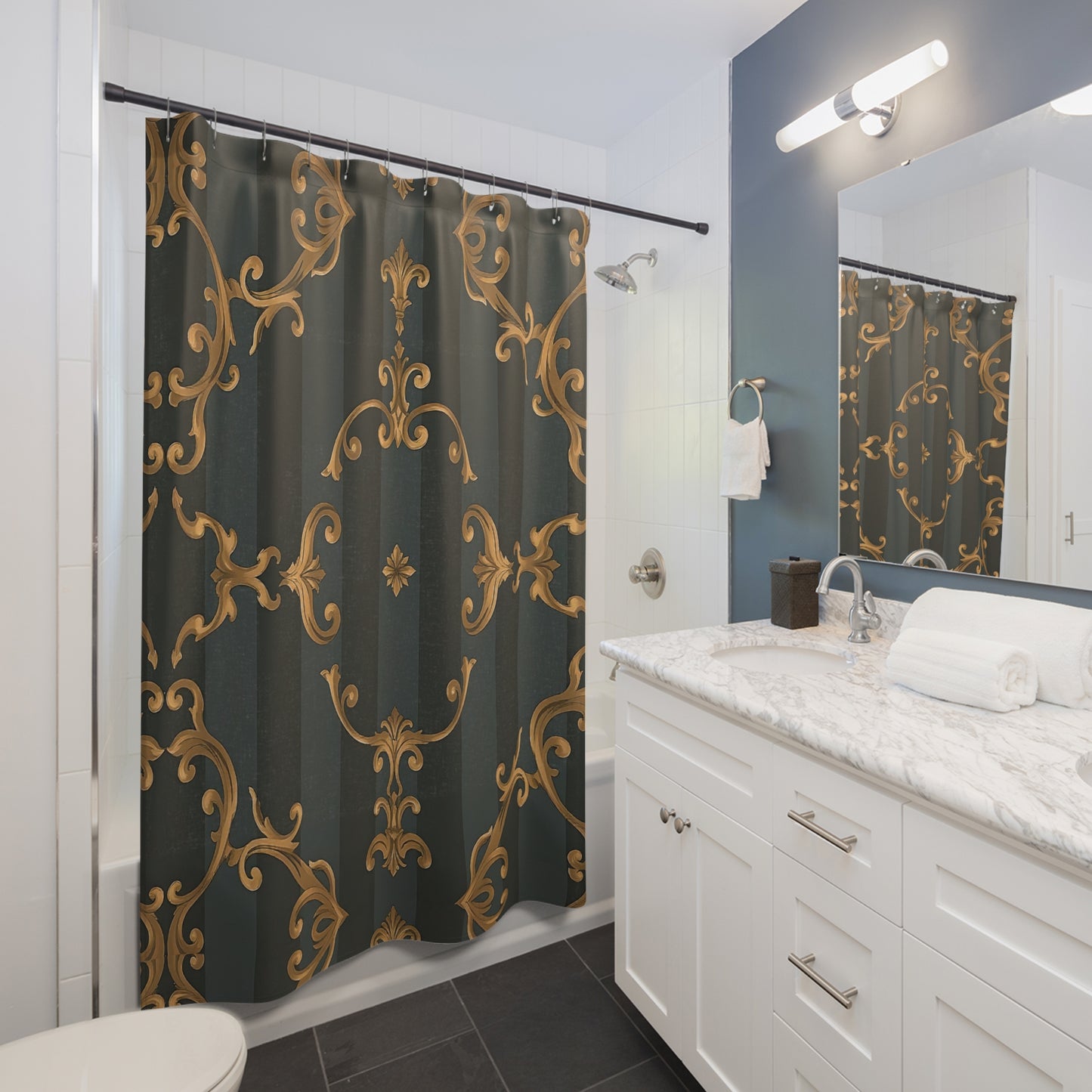 Elegant Vintage Shower Curtain - Luxurious Gold and Dark Design for Stylish Bathrooms - Gray Striped Baroque