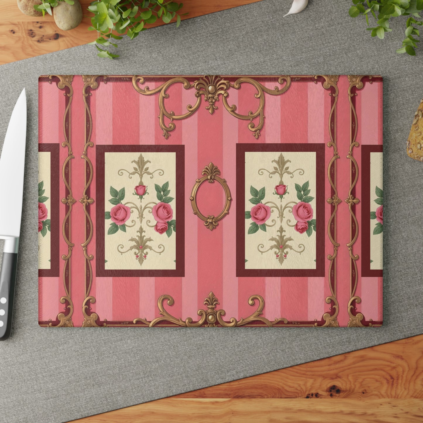Elegant Floral Glass Cutting Board - Vintage Pink Design for Home Cooking - Pink Striped Baroque & Roses