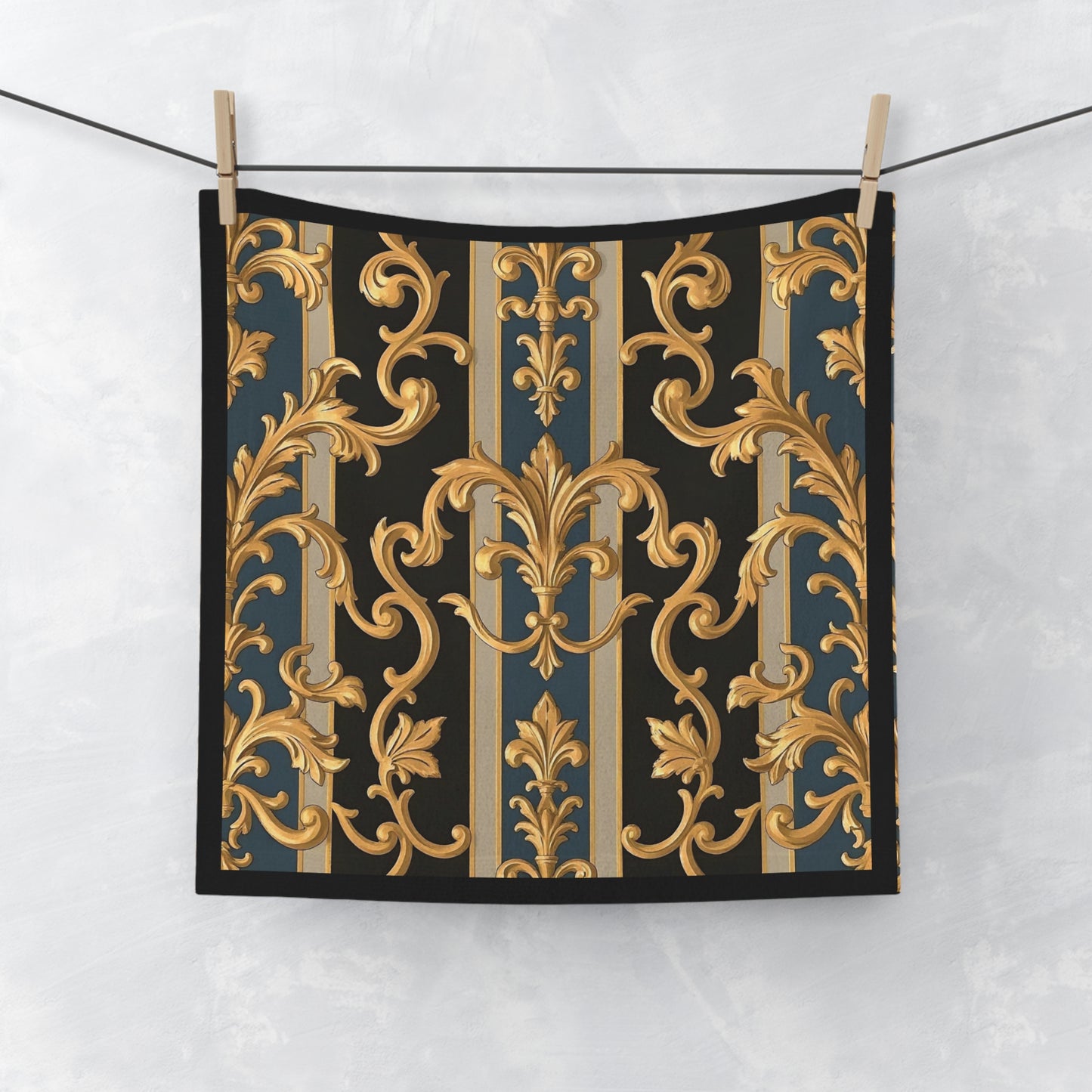 Luxurious Ornate Face Towel, Elegant Bathroom Towel, Spa Gift, Home Décor, Self-Care Essentials, Holiday Gift - Blue & Black Striped Rococo