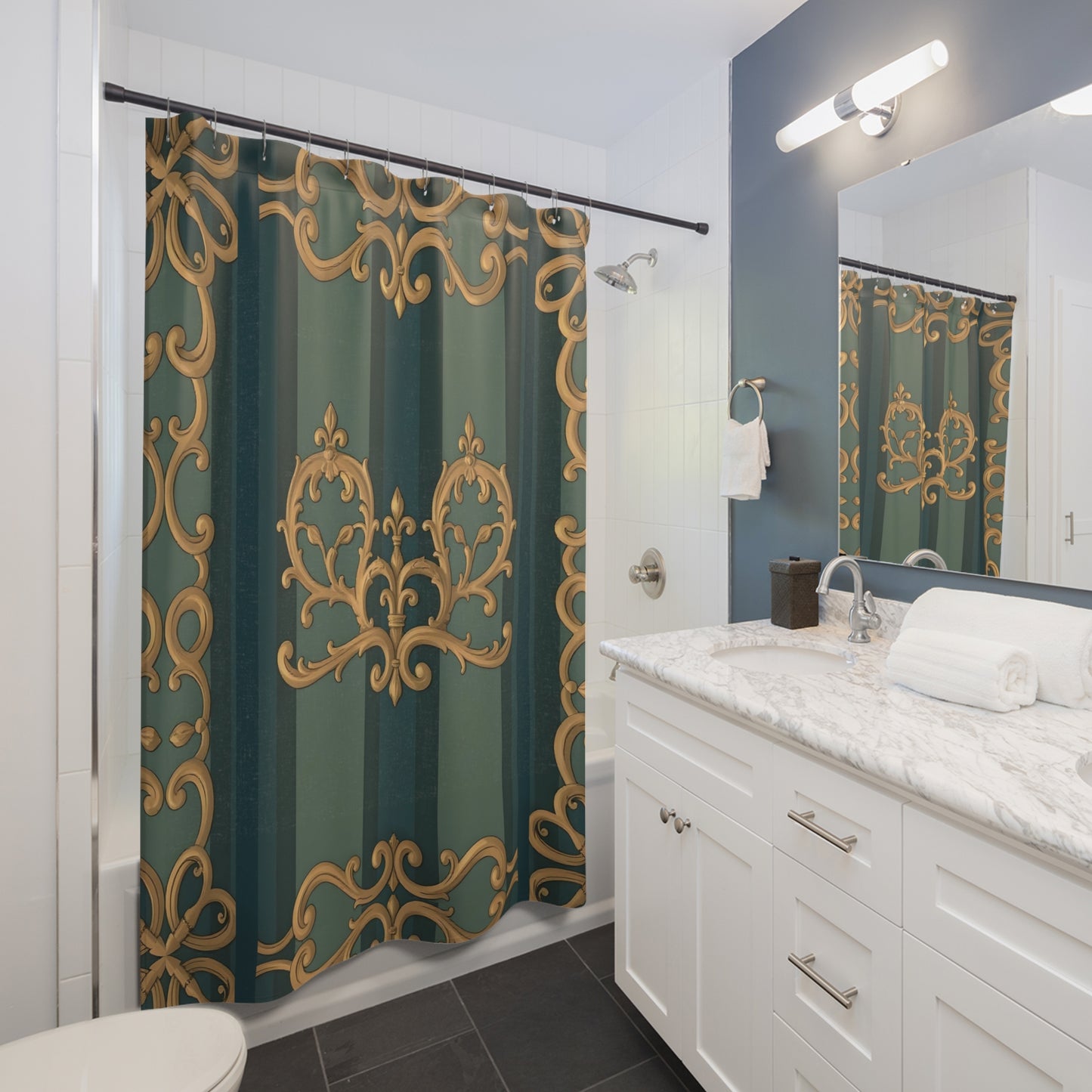Elegant Smoky Blue & Teal Striped Baroque Shower Curtain | Luxurious Bathroom Decor