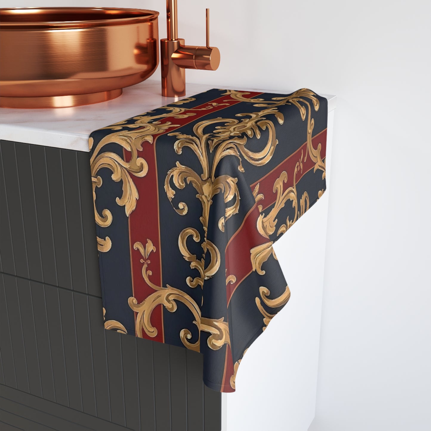 Luxurious Ornate Hand Towel - Elegant Home Décor - Midnight Blue & Dusk Red Damask