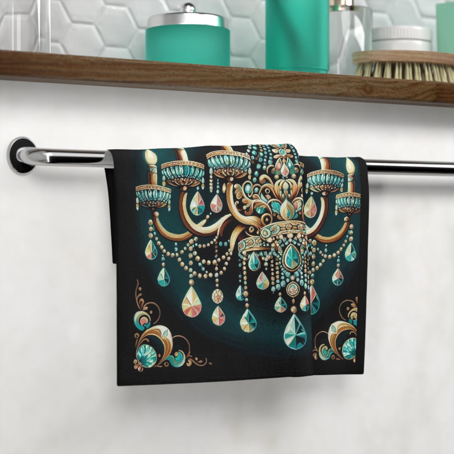 Chic Chandelier Face Towel | Elegant Bathroom Decor, Gift for Homeowners, Housewarming, Wedding, Spa Use - Teal Jeweled Chandelier