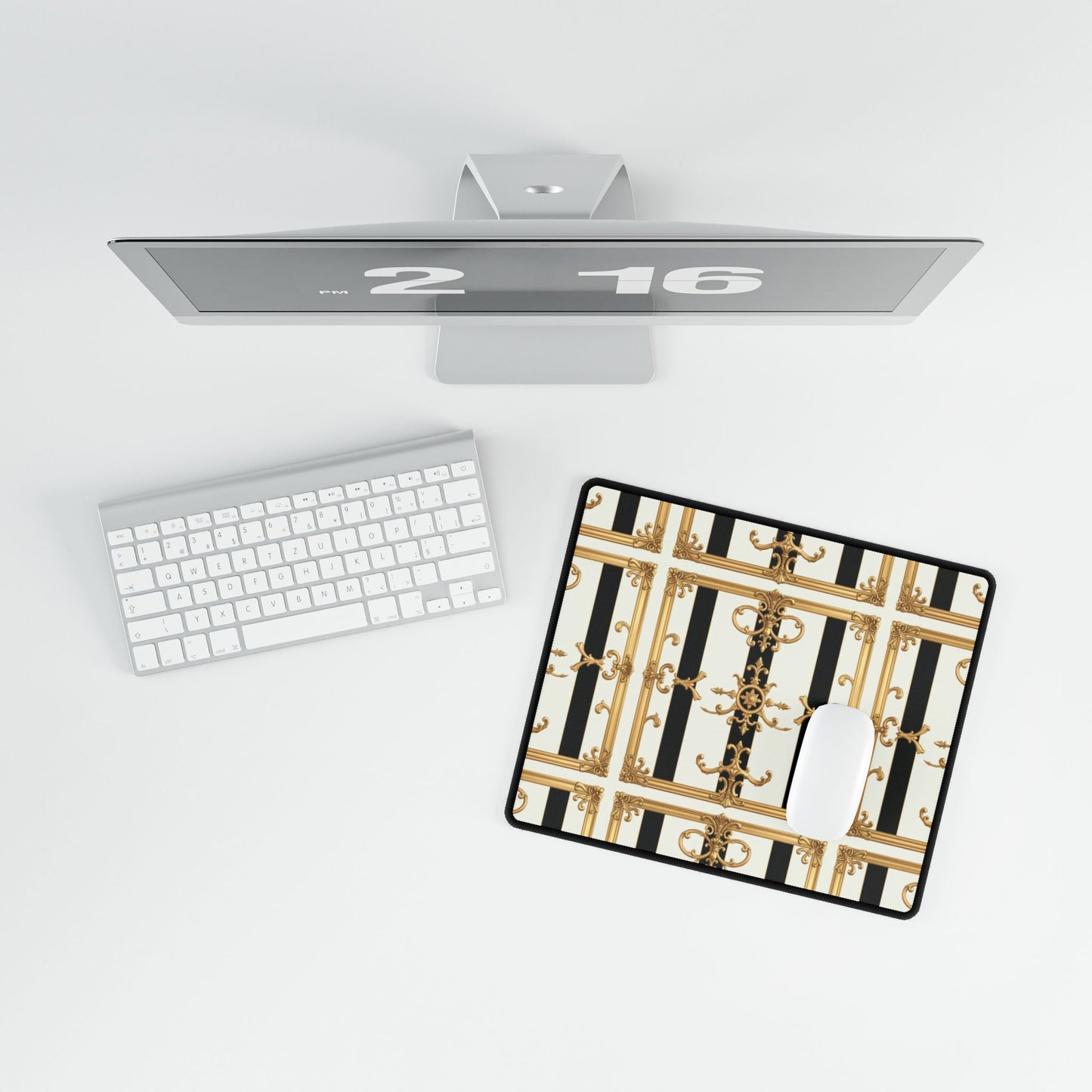 Elegant Desk Mats for Home Office, Stylish Desk Accessories, Chic Workstation Decor, Perfect Gift for Boss's Day - Black & White Striped Gold Baroque