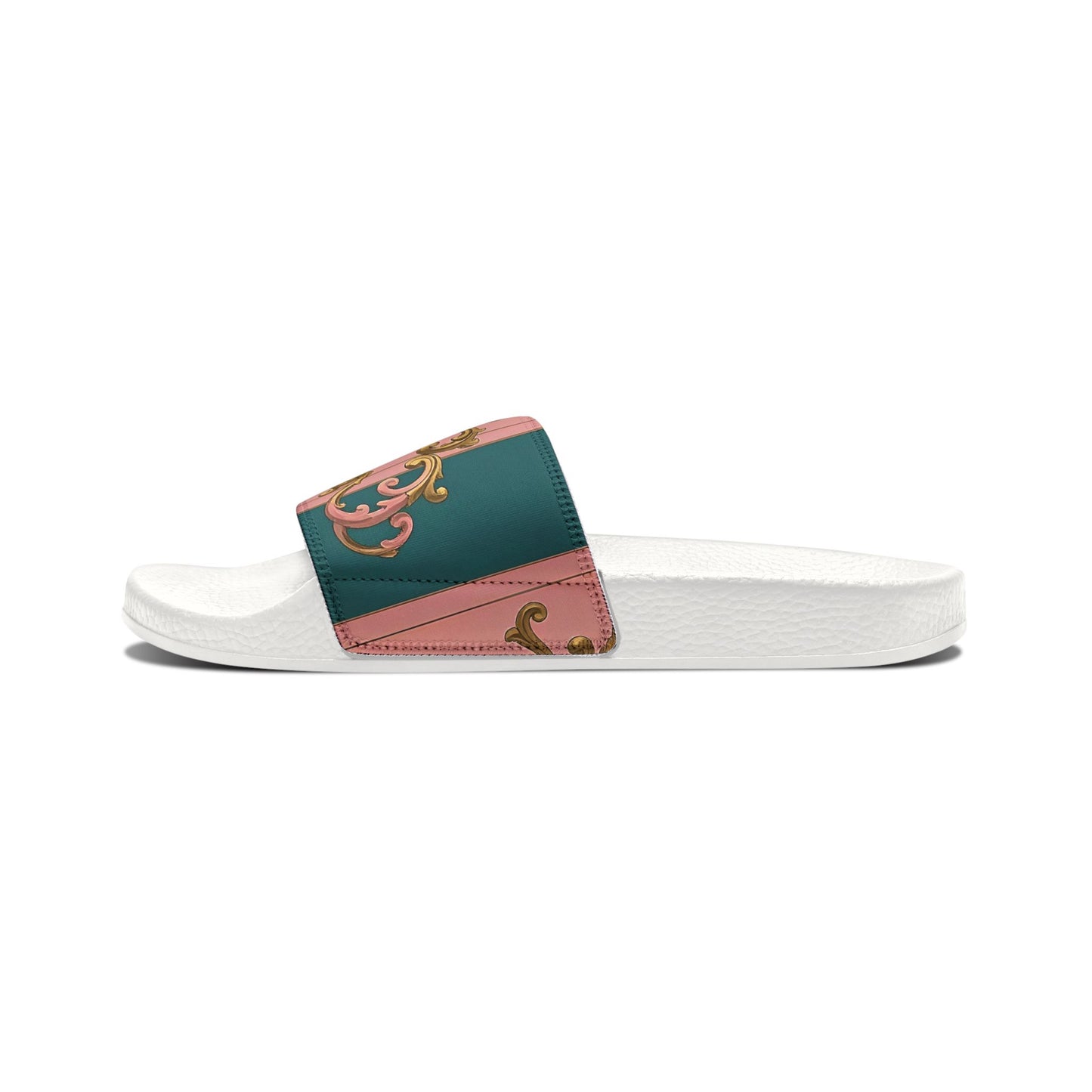 Chic Women's Sandals with Removable Straps, Stylish Summer Footwear, Comfortable Pool Slides - Pink & Teal Striped Gold Baroque