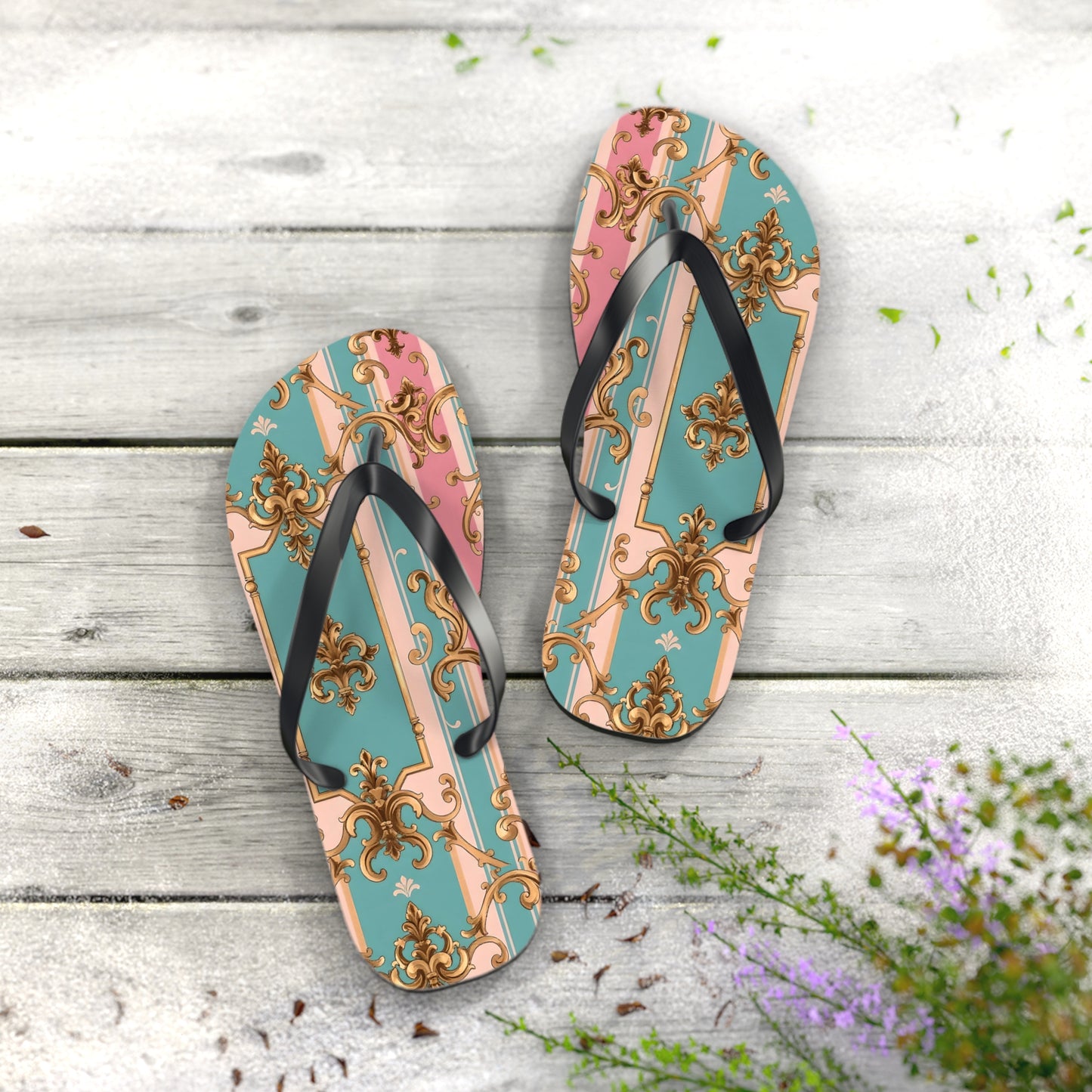 Stylish Flip Flops: Vintage Elegance for Summer Fun, Beachwear, Poolside, Vacation Essentials, Gift for Her - Pink & Matte Turquoise Striped Rococo