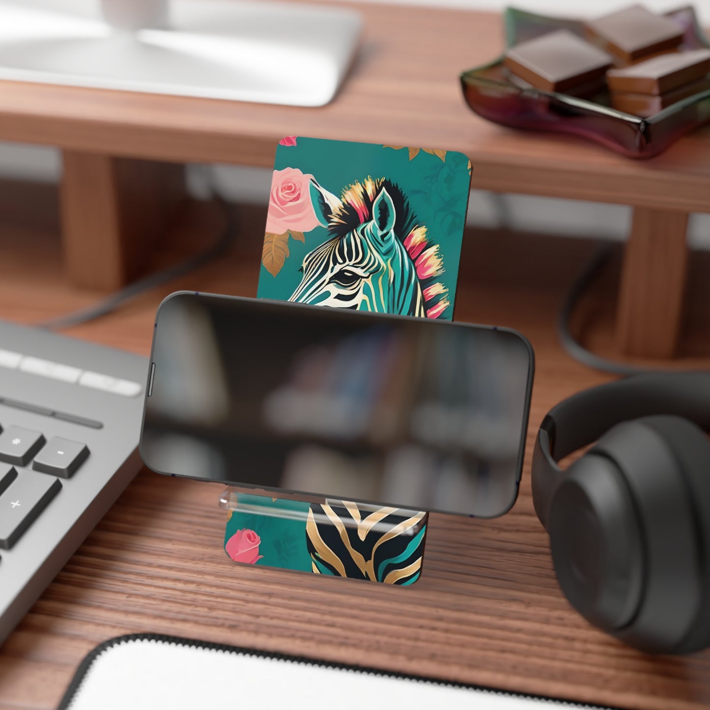 Smartphone Stand - Elegant Zebra Design - Teal & Gold Zebra & Roses Decorative Holder